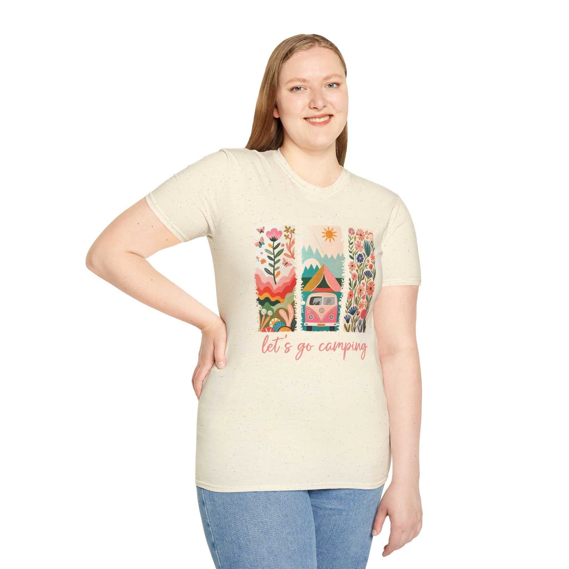 Unisex softstyle t-shirt with colorful camping adventure design and "let's go camping" text, made from lightweight cotton, worn by smiling woman