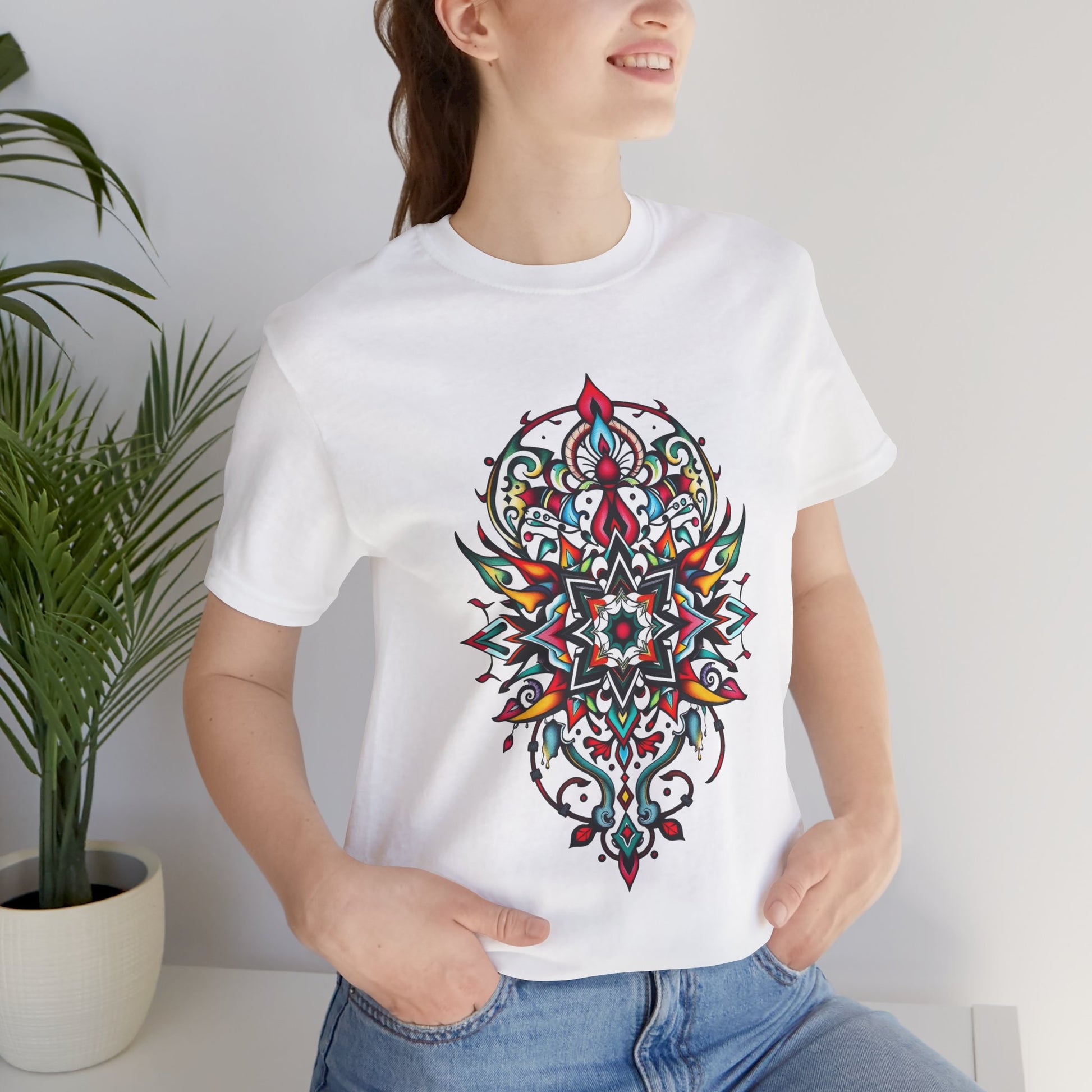 Bold tee featuring a vibrant, intricate mandala design, offered in multiple color options