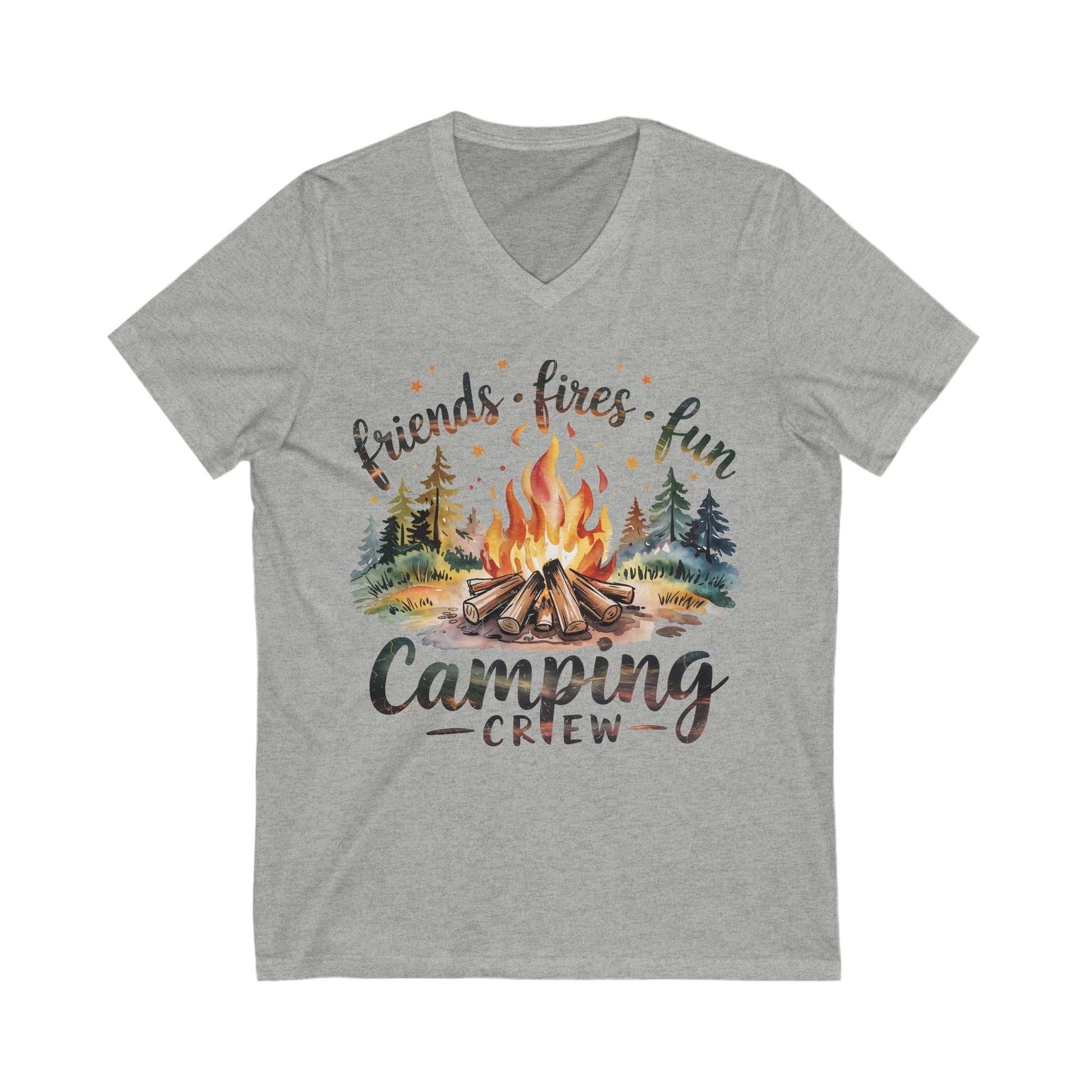 Unisex grey jersey short sleeve V-neck tee with camping crew bonfire graphic and text friends fires fun