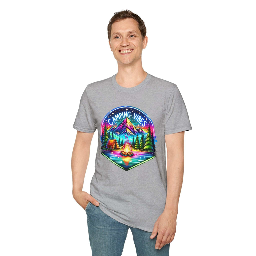 Unisex gray softstyle t-shirt featuring colorful Camping Vibes graphic with mountains, tent, and campfire.