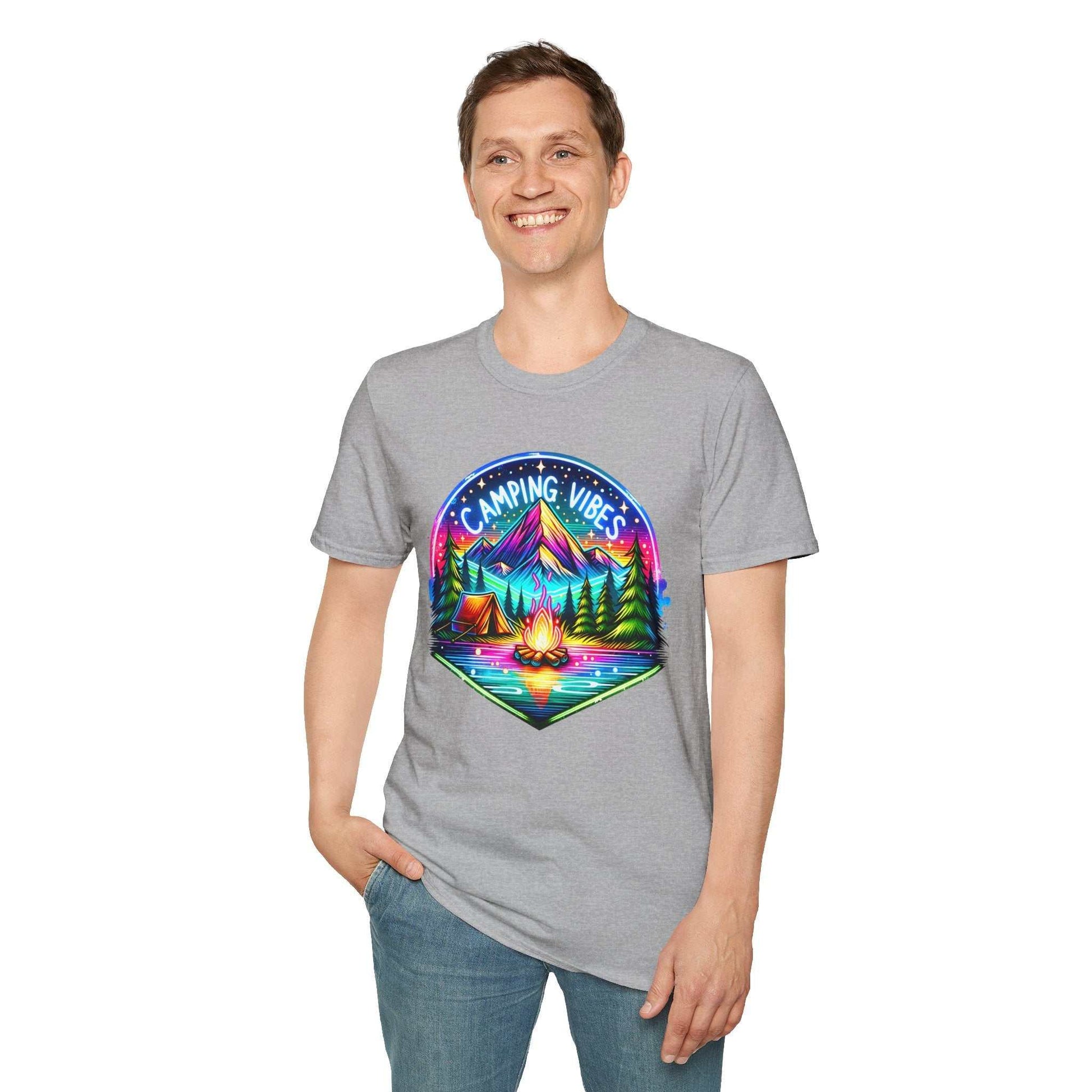 Unisex gray softstyle t-shirt featuring colorful Camping Vibes graphic with mountains, tent, and campfire.