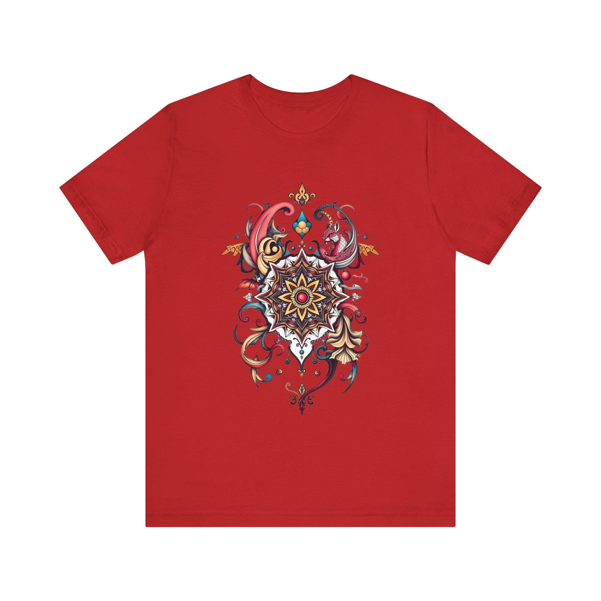 Vibrant tee with swirling mandala in reds, golds, and teal, available in many colors