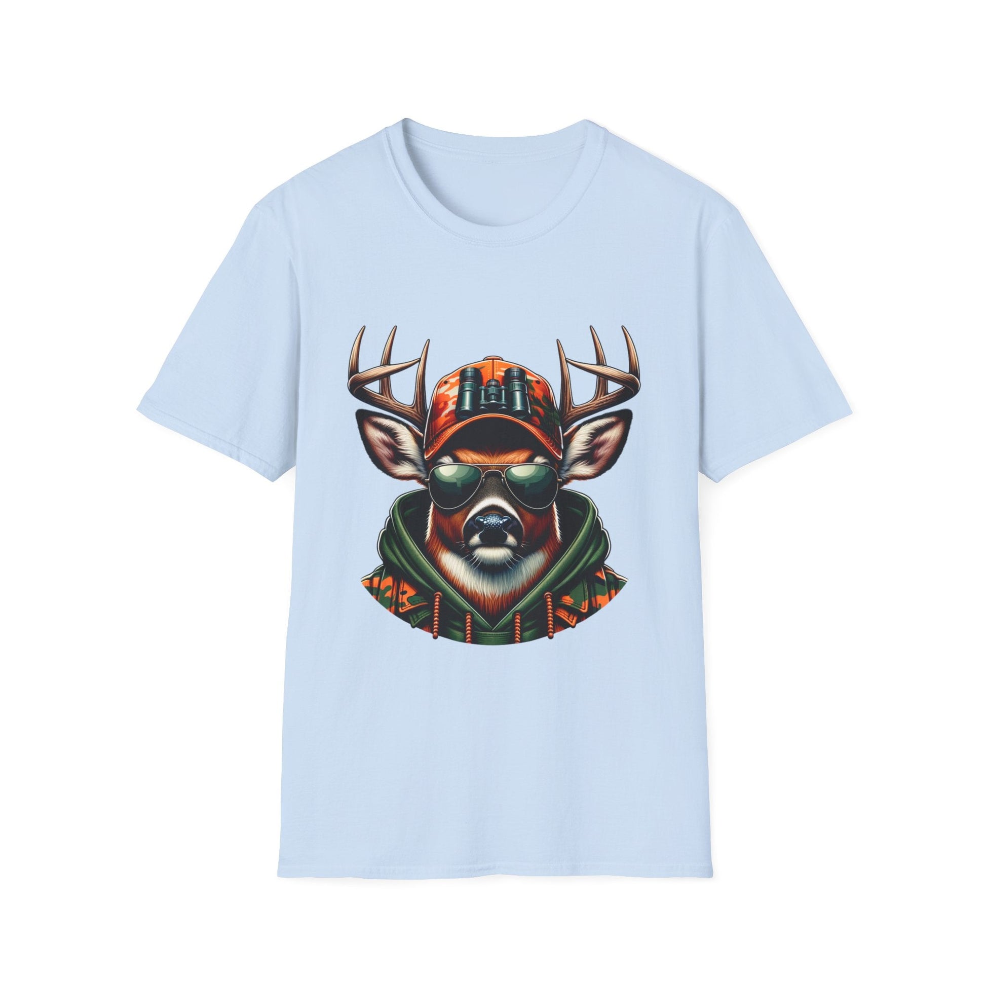 Light blue Hunting Enthusiast T-Shirt featuring a deer with antlers wearing sunglasses, a camo hat, and a green hoodie.