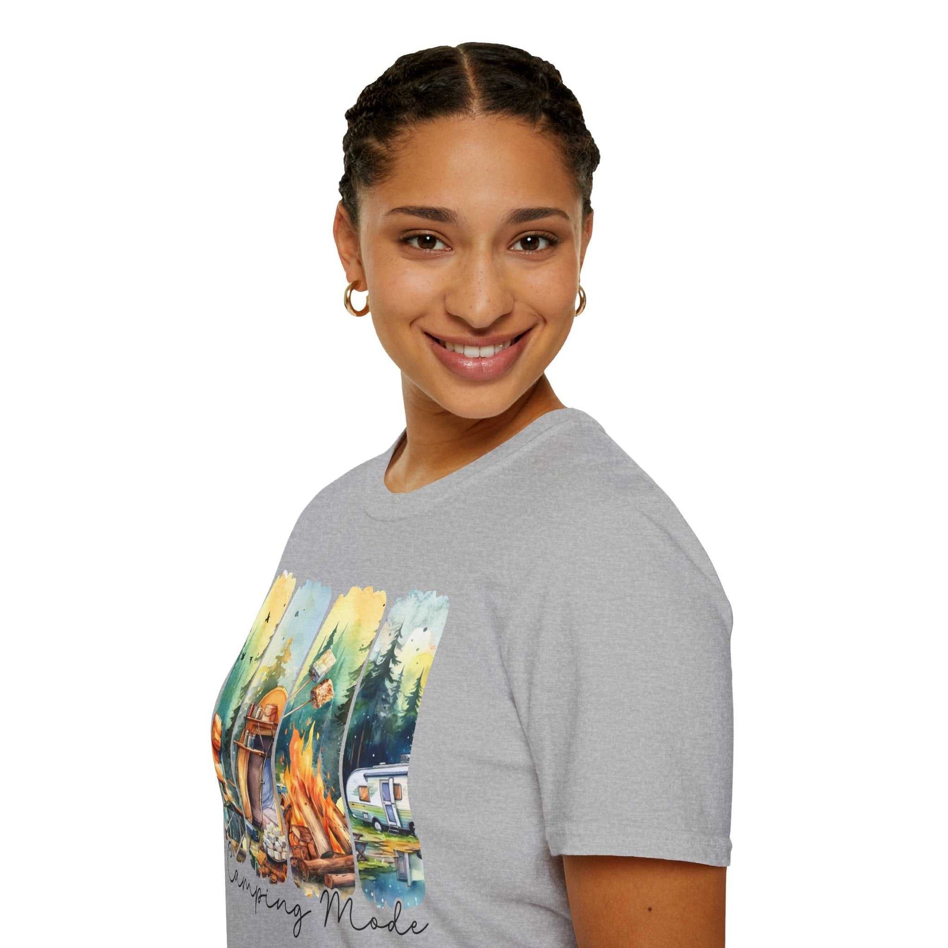 Unisex gray Camping Adventure T-shirt with colorful nature and campfire design, lightweight cotton