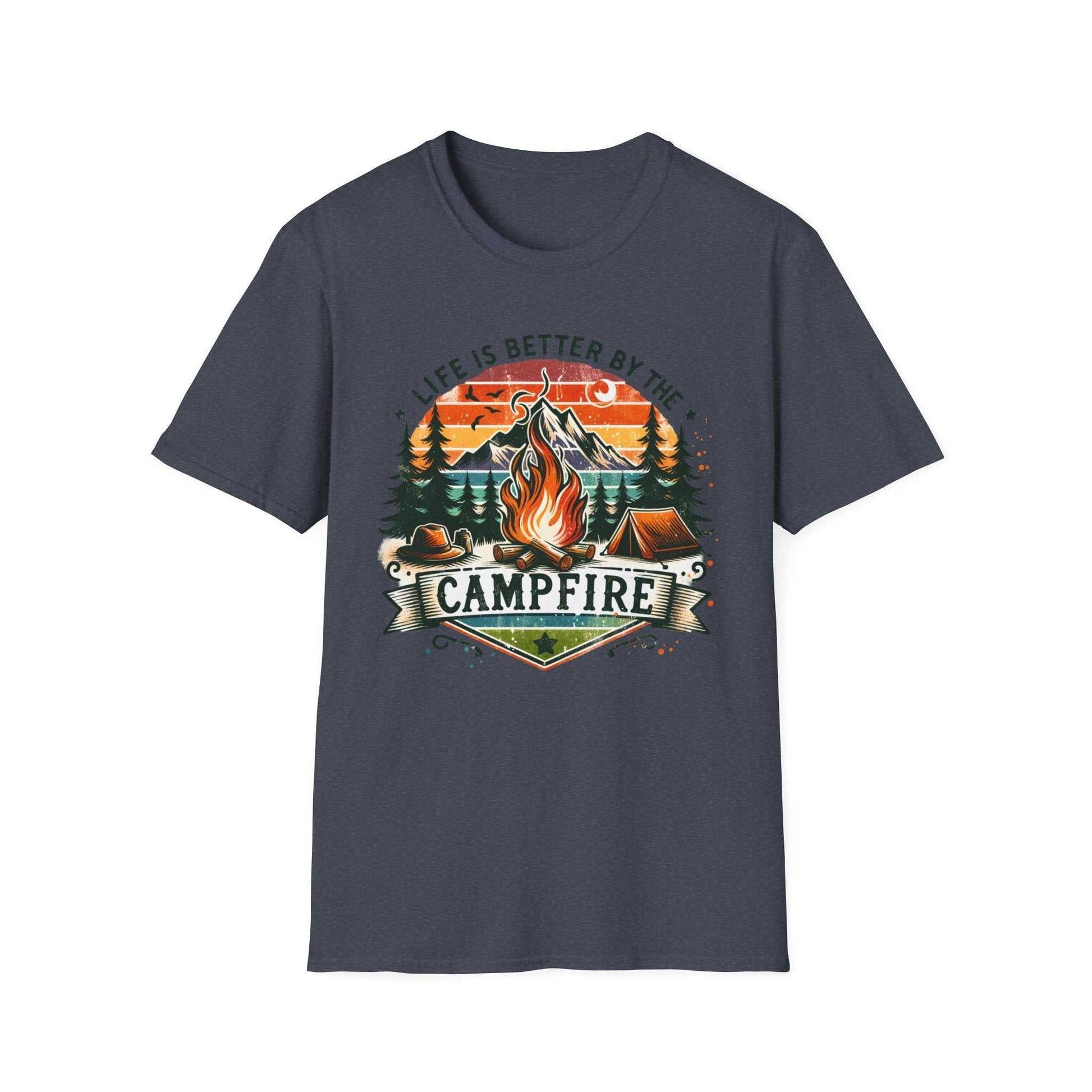 Camping Adventure Unisex T-Shirt with campfire and outdoor design in navy blue color