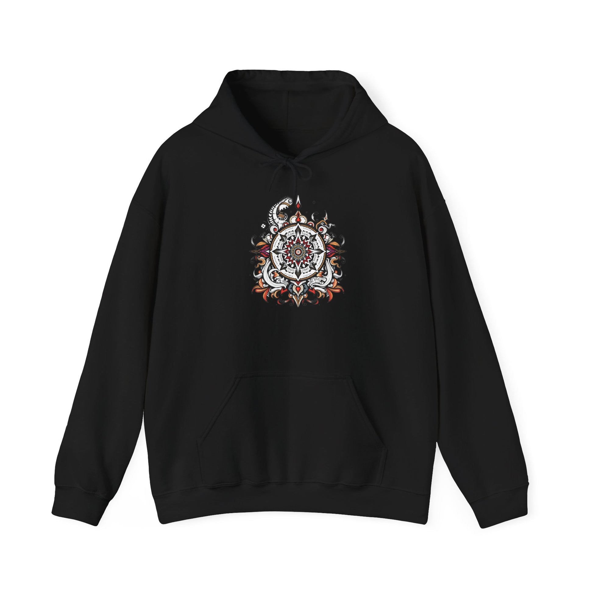 Cozy hoodie featuring a striking black, red, and white mandala, offered in vibrant color choices