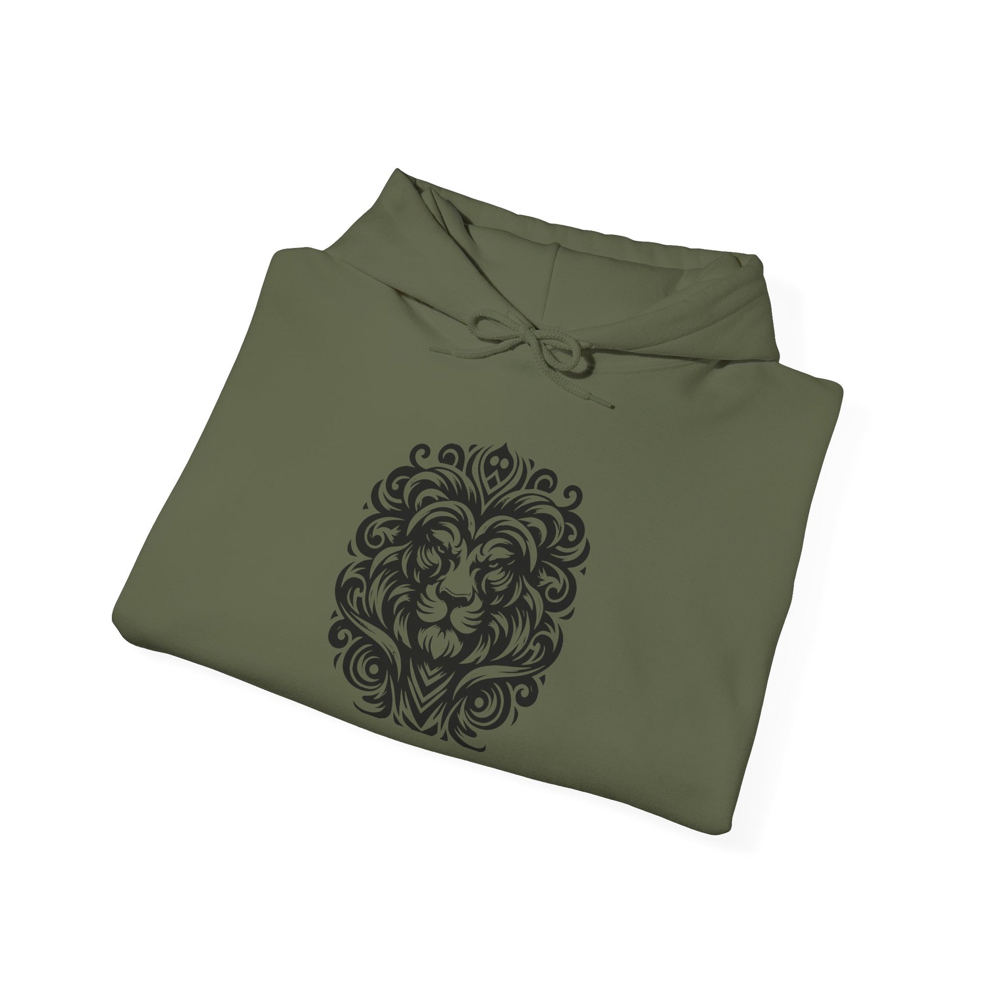 Majestic Tribal Lion Hoodie – Bold Strength in Black Ink Art