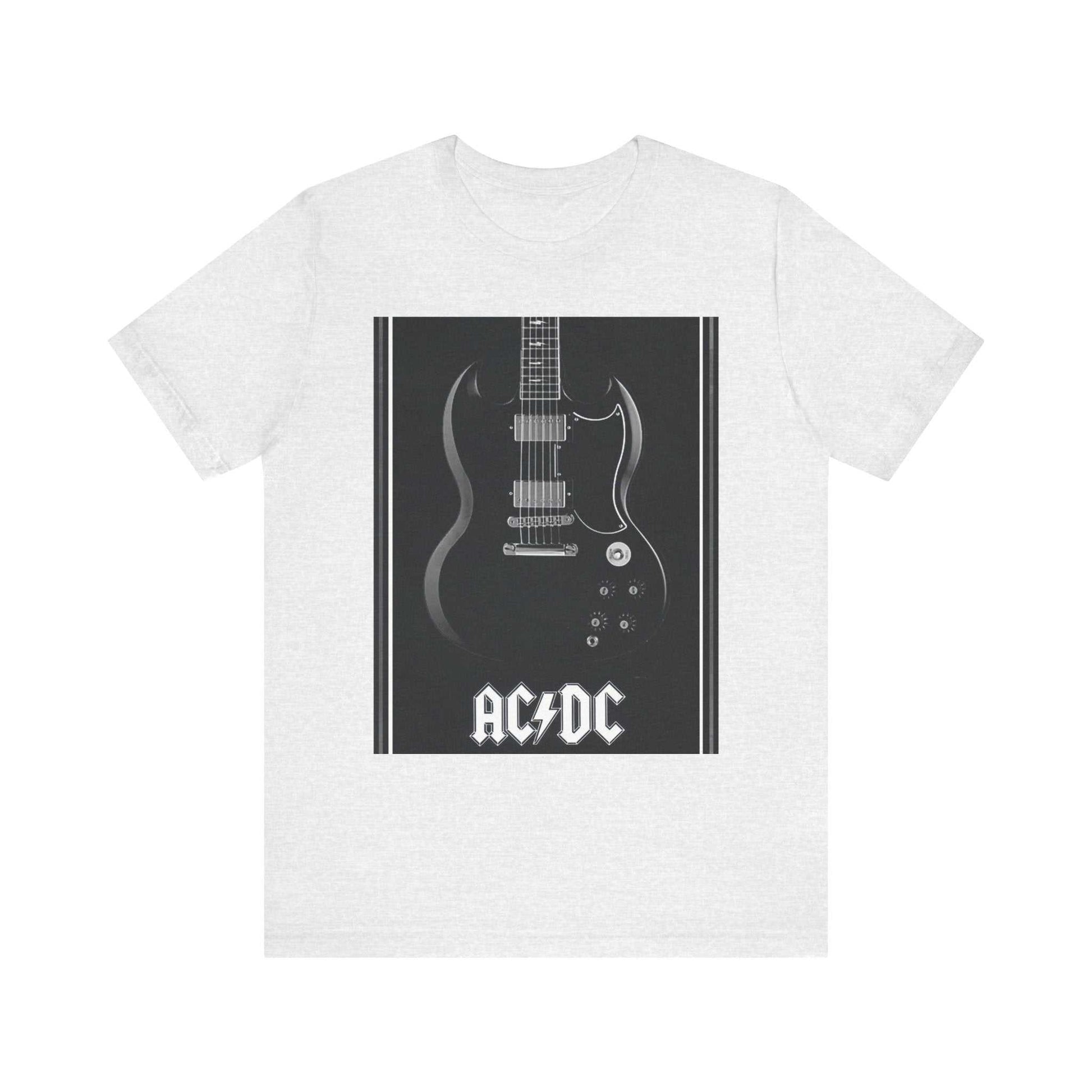White unisex short sleeve tee with a black electric guitar graphic and AC/DC logo on the front