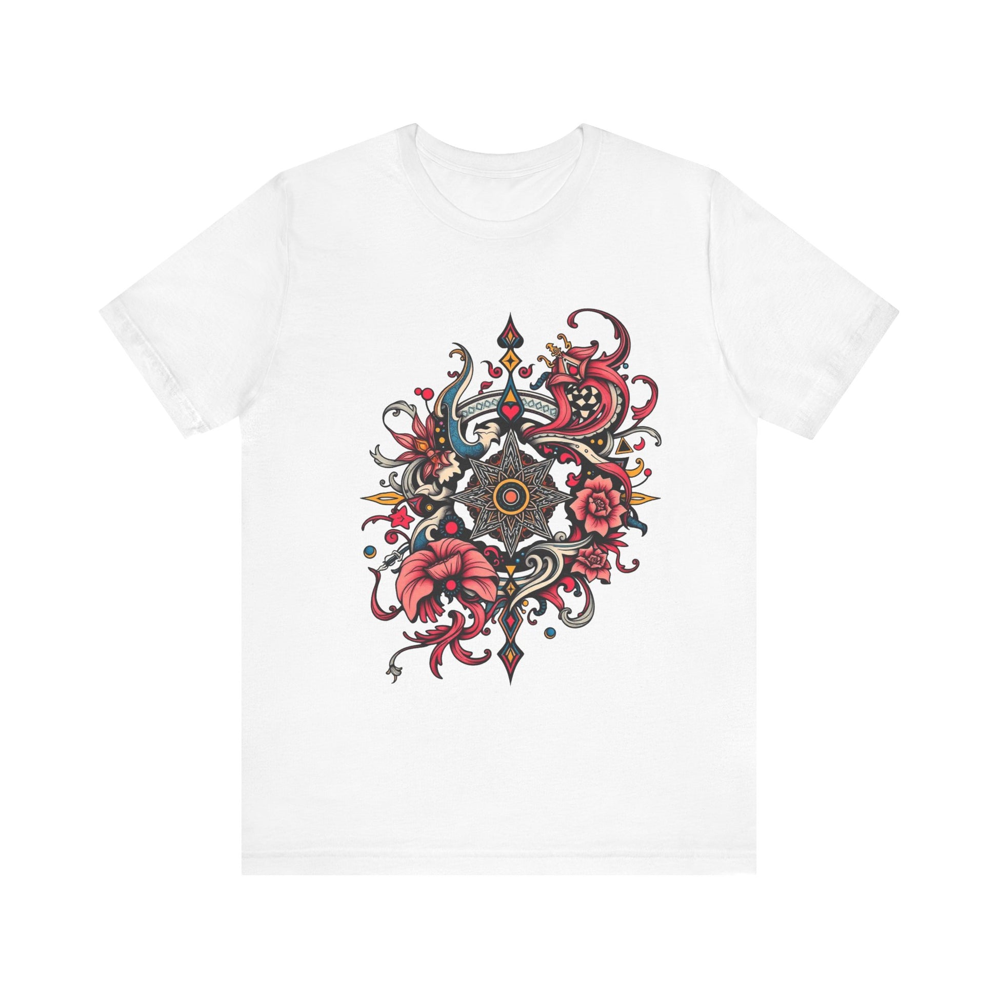 Vibrant tee with ornate red floral mandala design, offered in multiple bold color options