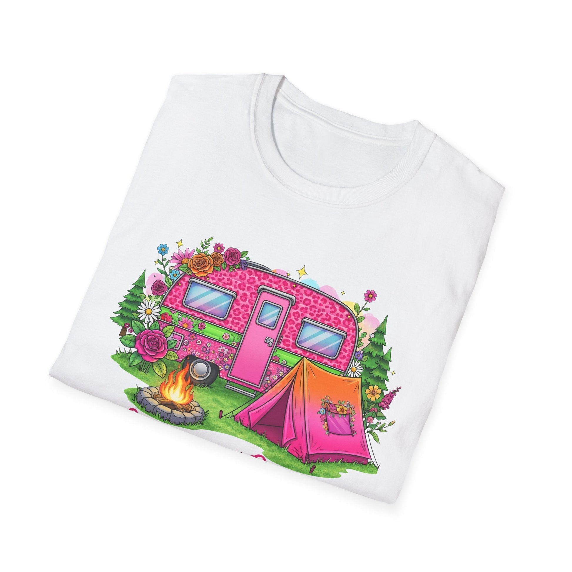 White Camping Queen T-Shirt featuring bright pink camper, tent, campfire, flowers, and trees design