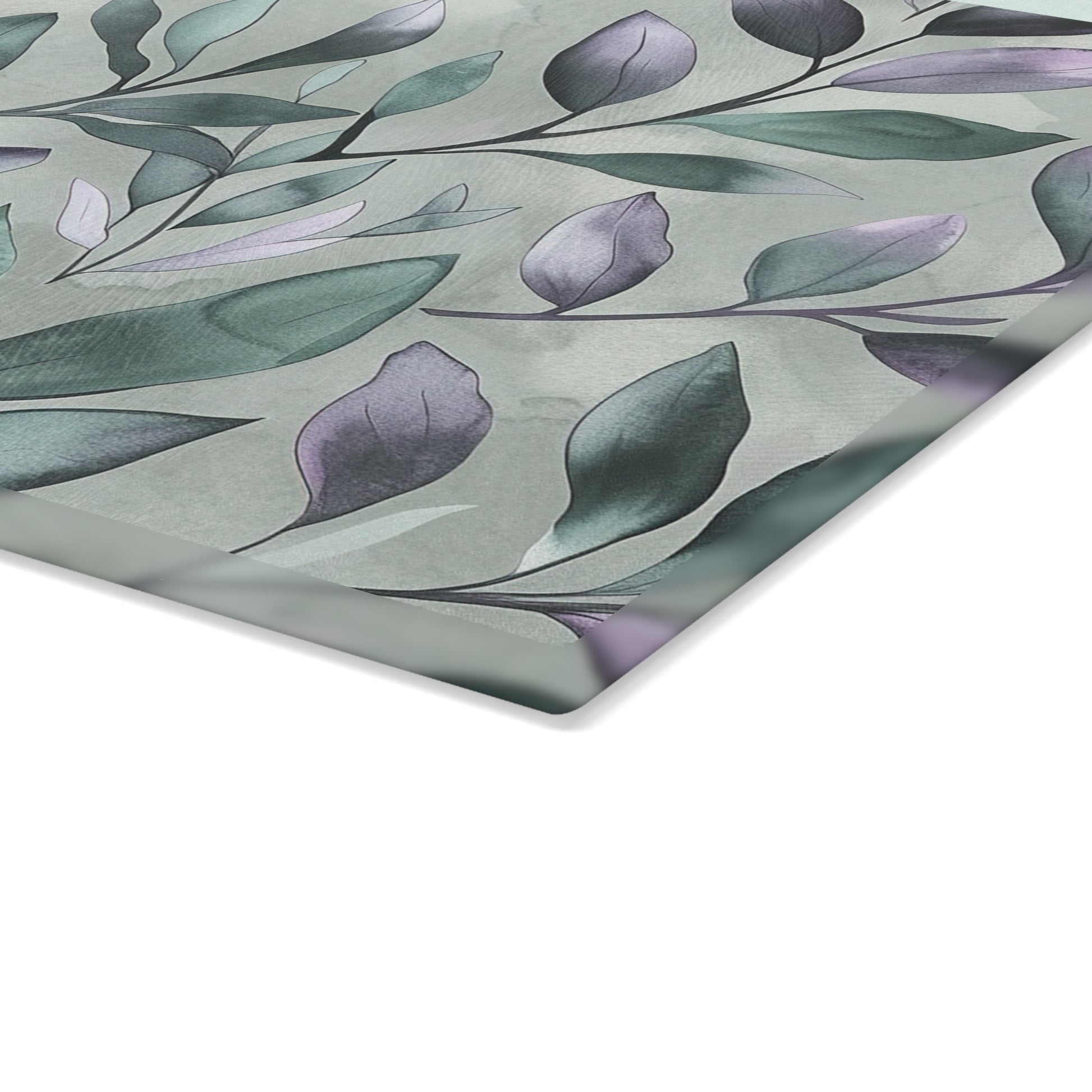 Sage Green Botanical Glass Cutting Board with Purple Leaf Pattern