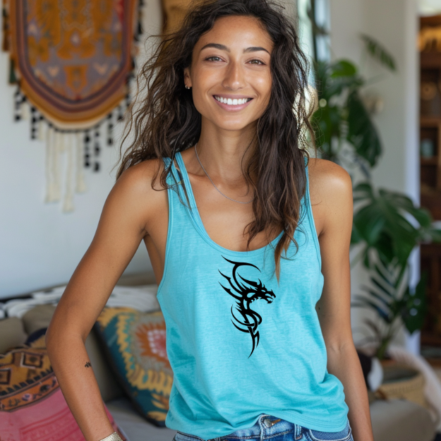 Racerback tank with a fierce black tribal dragon for bold, edgy style
