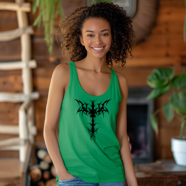 Racerback tank with a bold black gothic cross for striking alternative style