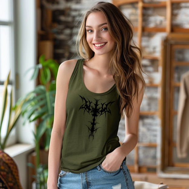Racerback tank with a bold black gothic cross for striking alternative style