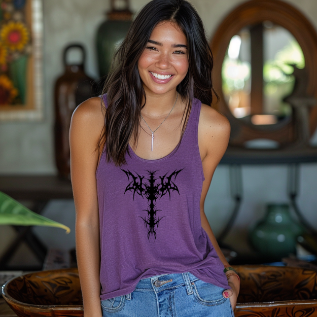 Racerback tank with a bold black gothic cross for striking alternative style