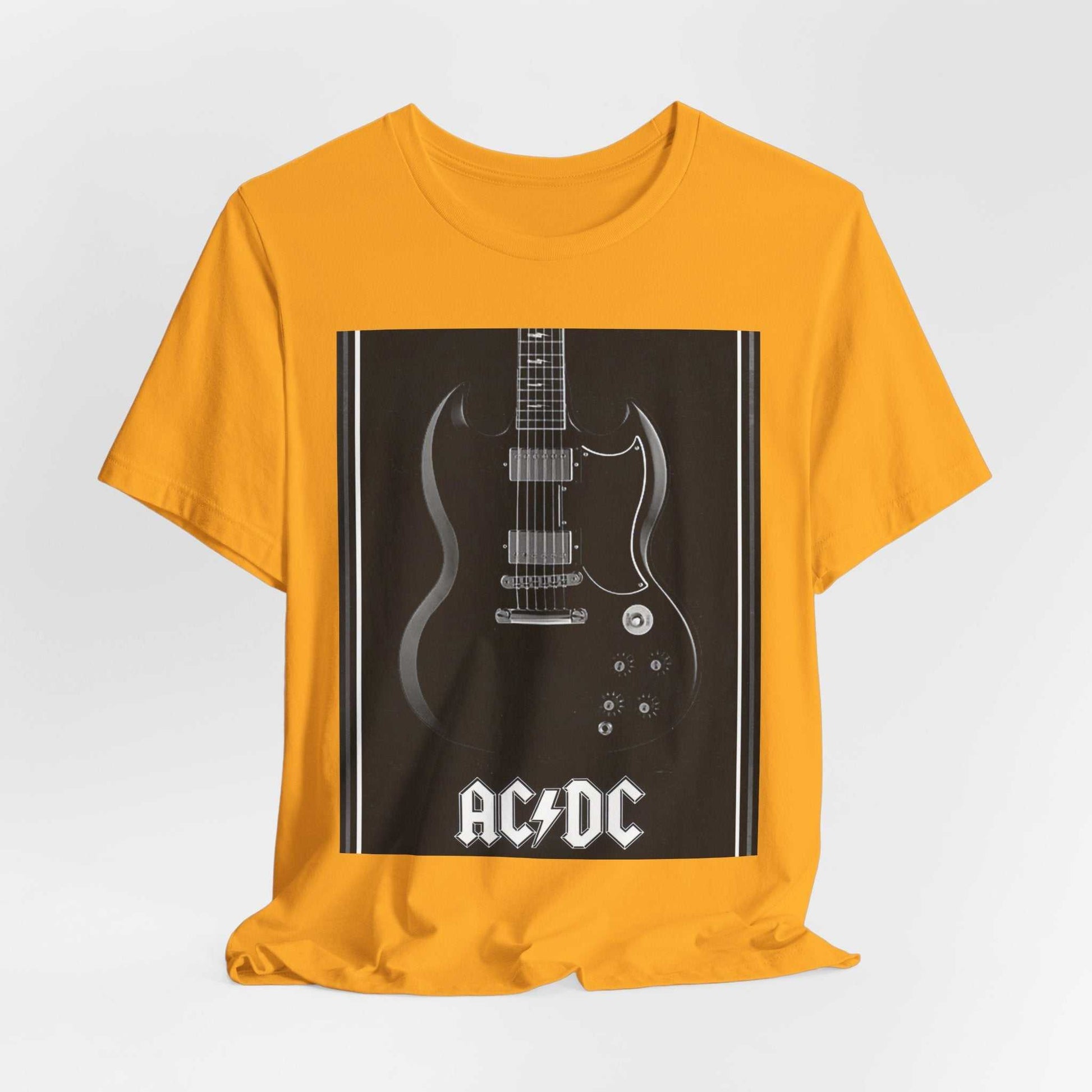 Yellow rock guitar graphic tee featuring a black electric guitar and AC/DC logo design