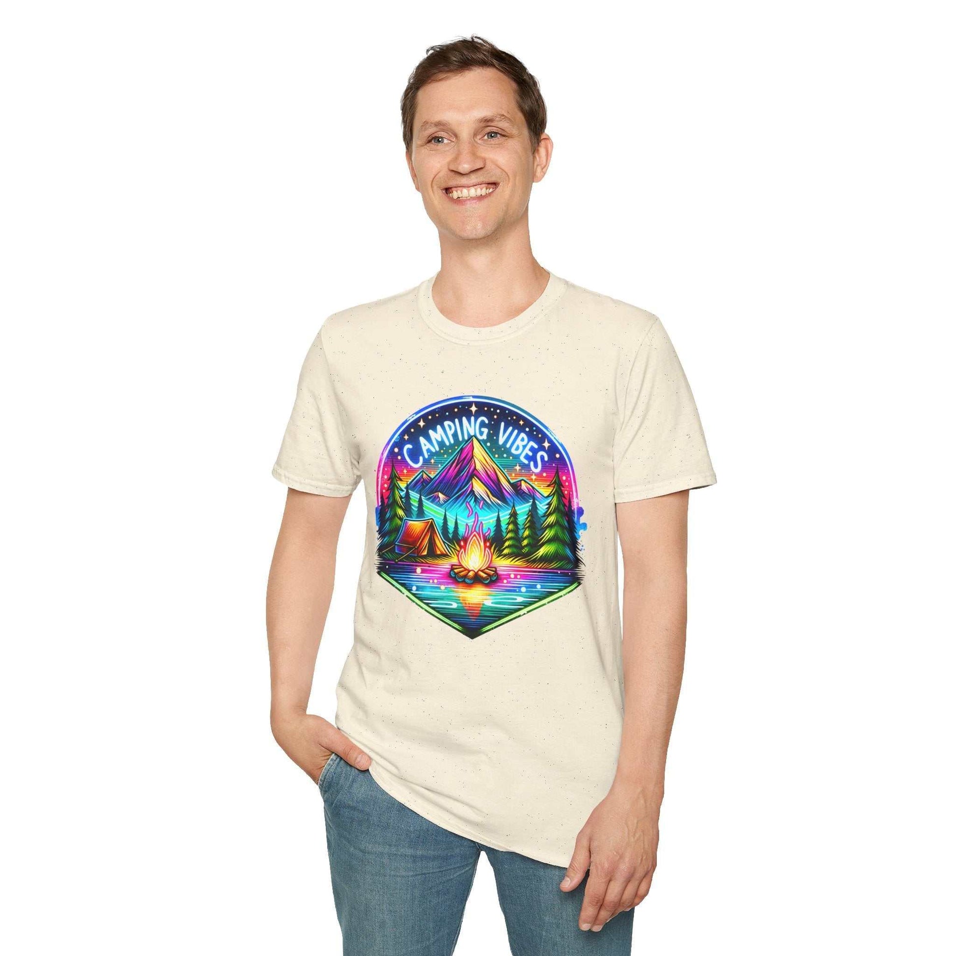 Unisex softstyle t-shirt with colorful Camping Vibes design featuring mountains, campfire, and tents.