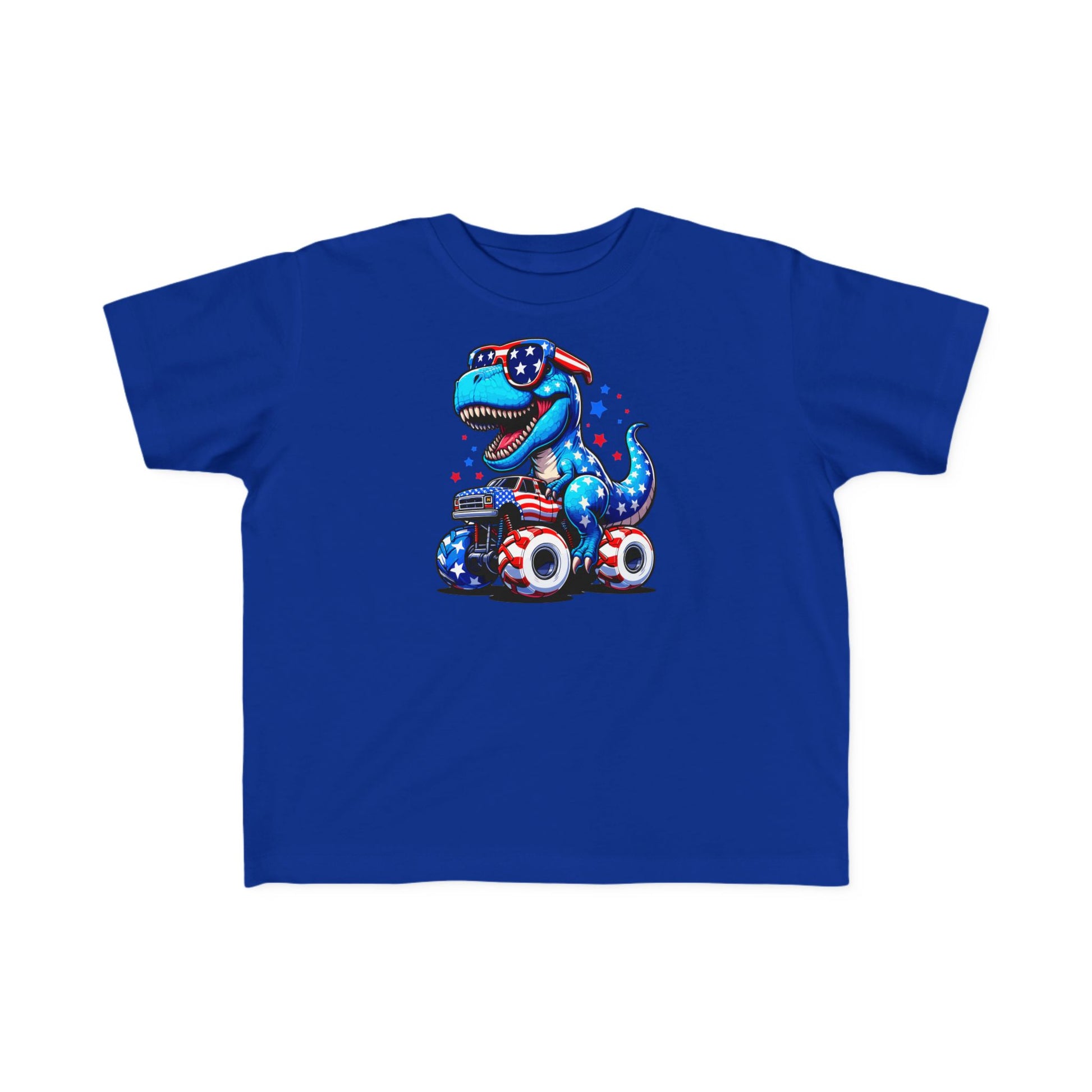 Patriotic Dino Monster Truck Kids’ T-Shirt – USA Stars & Stripes T-Rex Tee