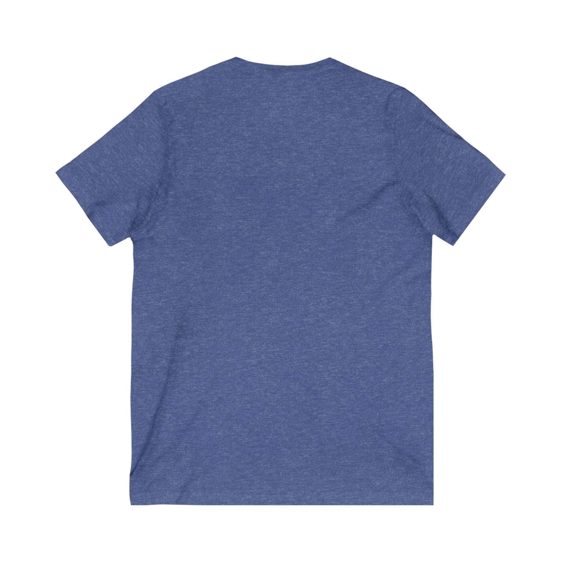 Back view of a blue Coral Crown Fish Tee unisex V-neck short sleeve shirt in Bella+Canvas 3005 fabric