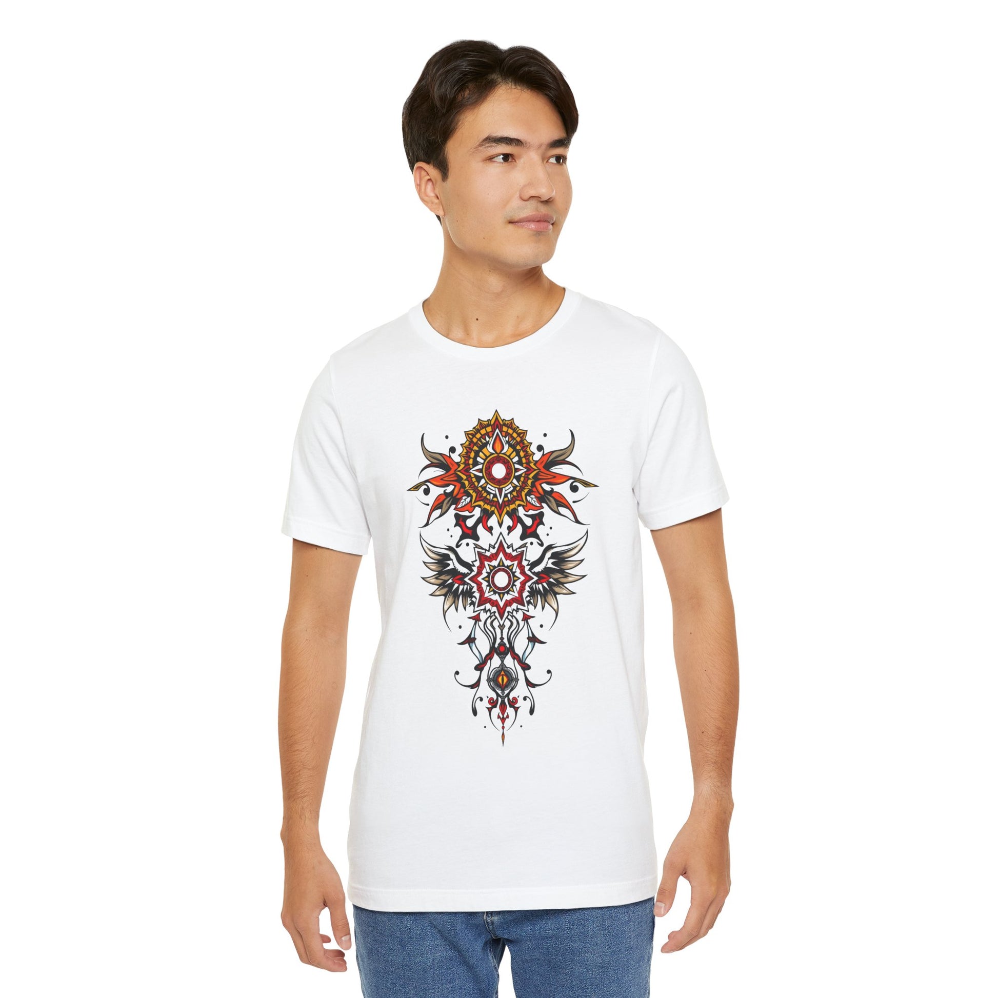 Turn heads in this tee, available in vibrant colors, showcasing a fiery red and gold tribal mandala for bold, artistic style