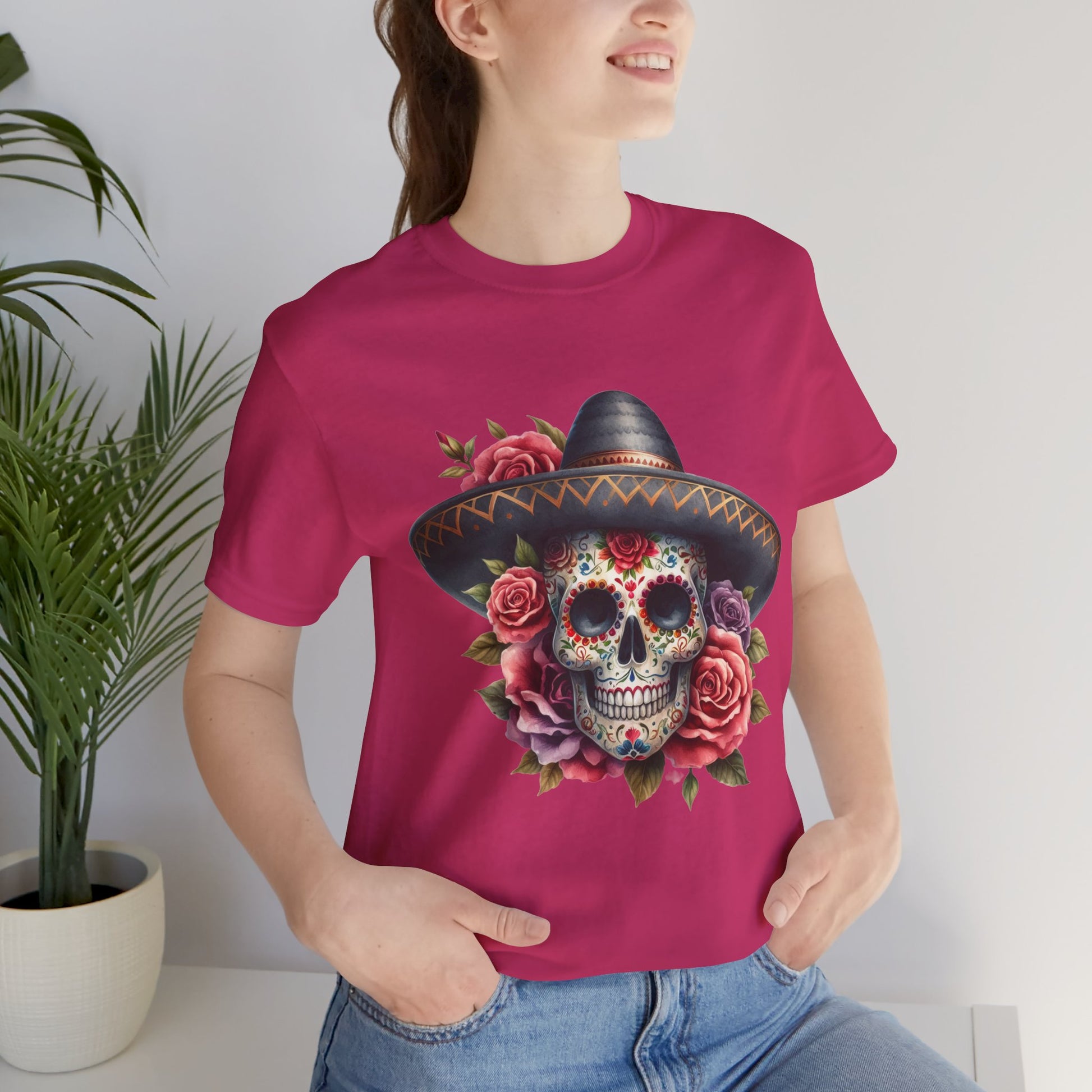 Colorful tee featuring a sugar skull in sombrero and roses for vibrant fiesta vibes