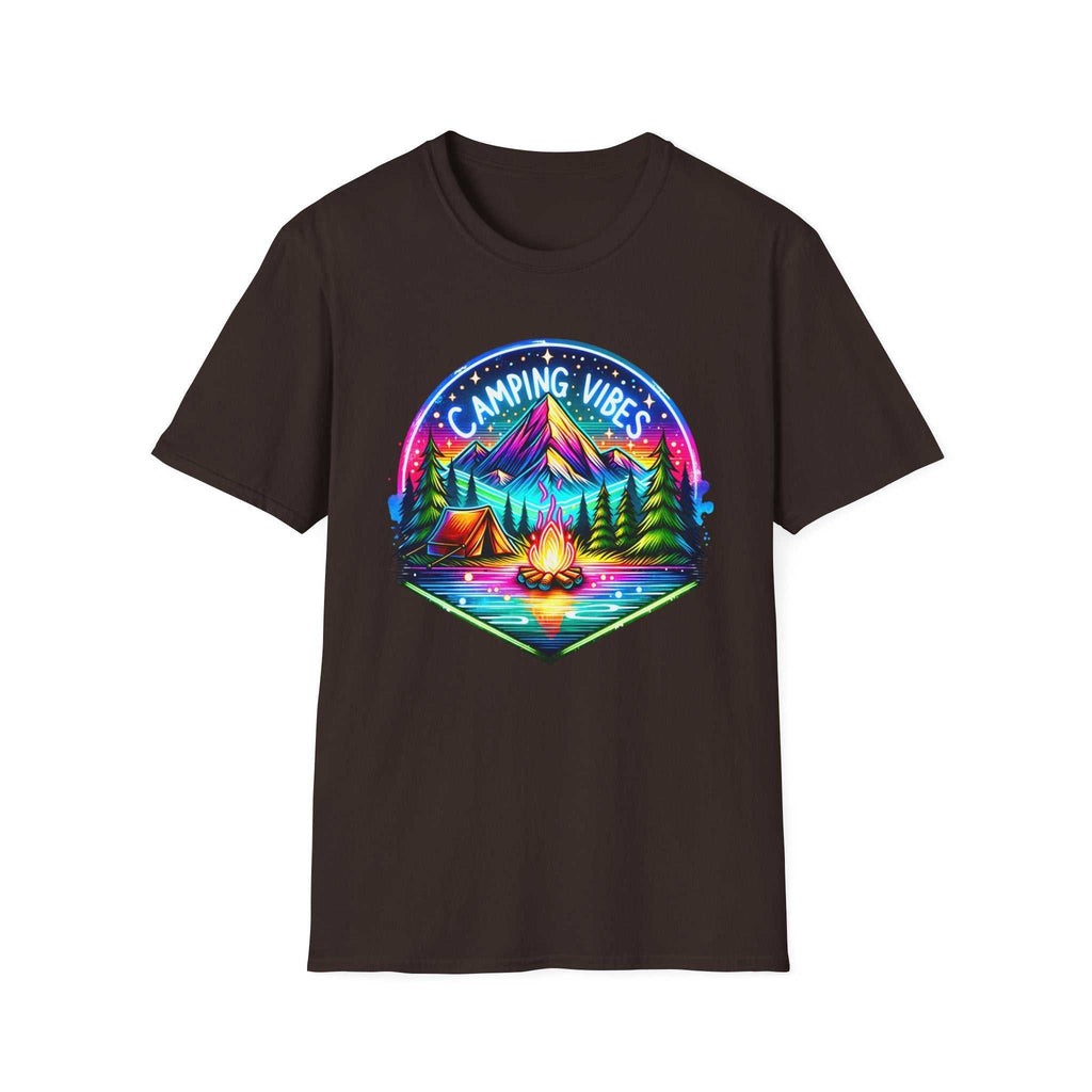 Black unisex softstyle t-shirt with colorful camping vibes graphic featuring a tent, campfire, trees, and mountains.