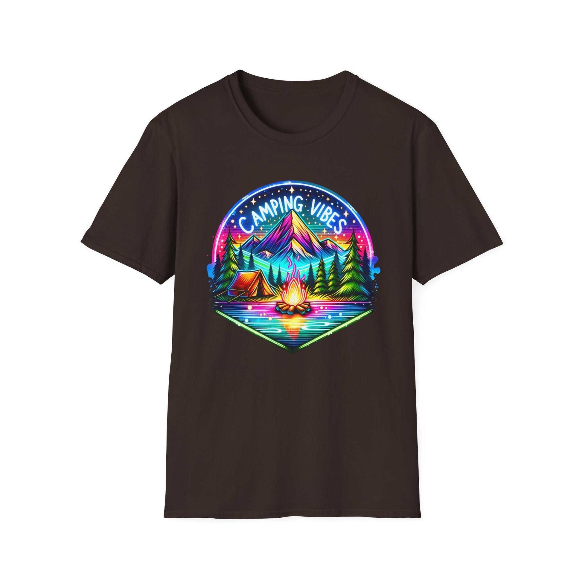 Black unisex softstyle t-shirt with colorful camping vibes graphic featuring a tent, campfire, trees, and mountains.