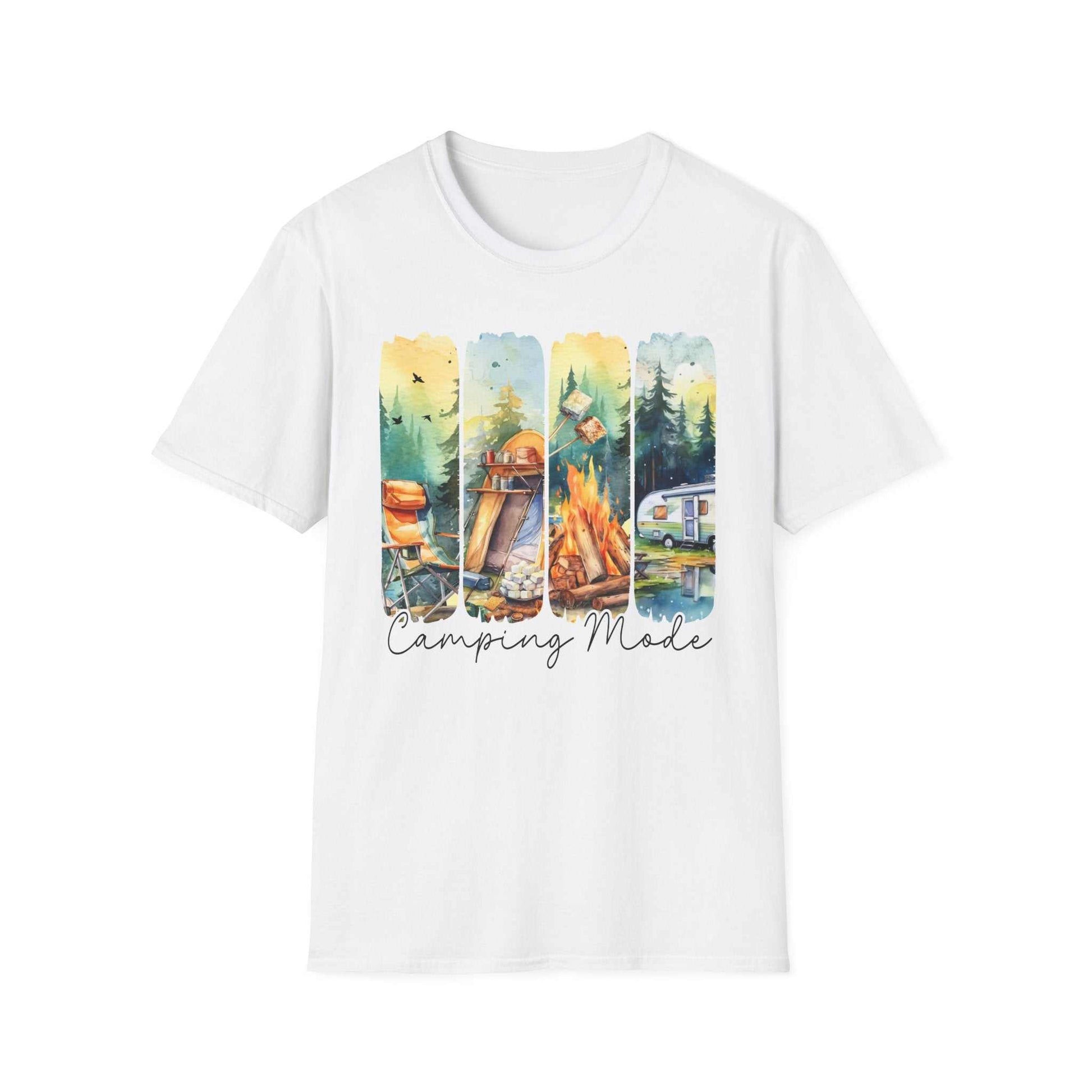 White unisex t-shirt with colorful camping-themed graphic and "Camping Mode" text.