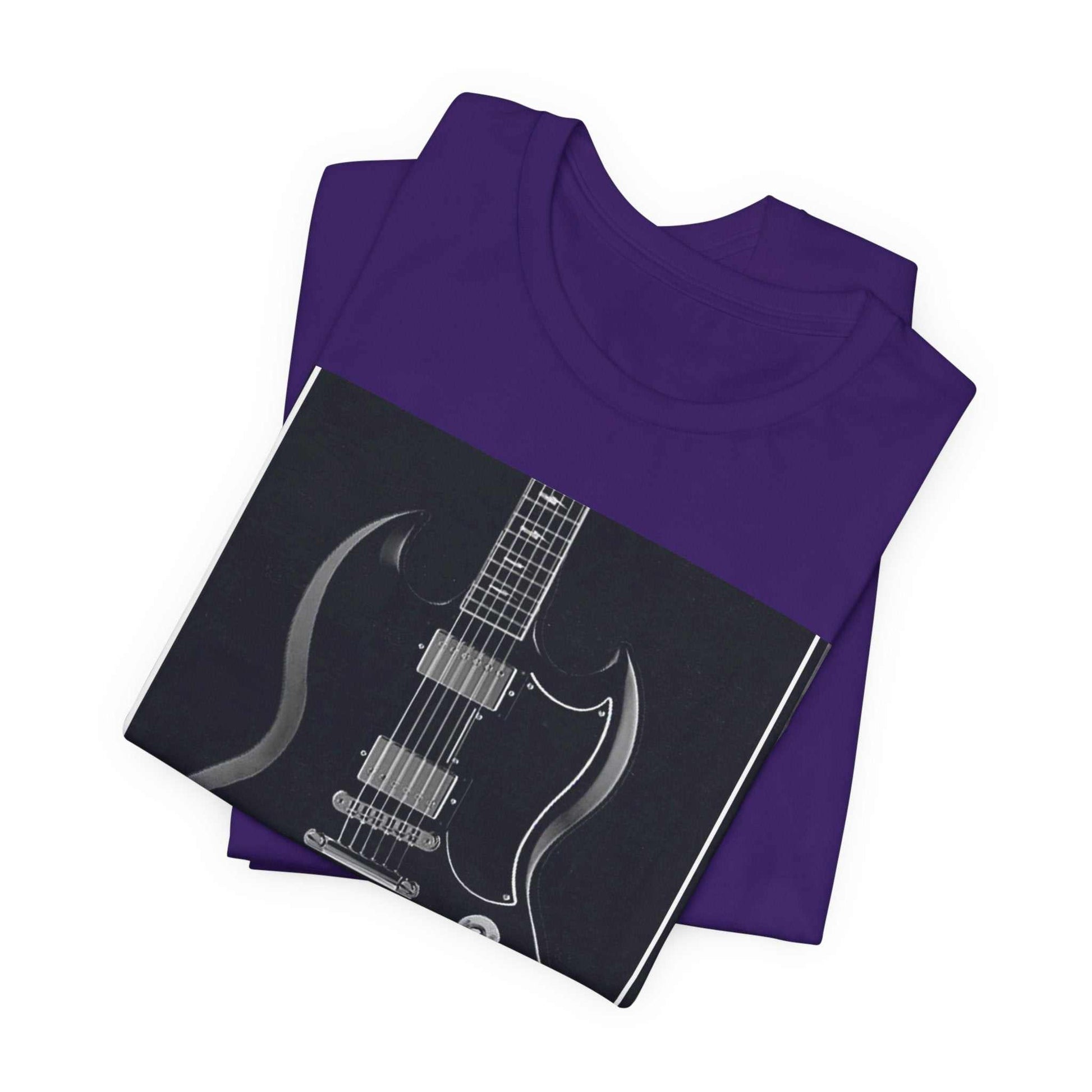 Purple Rock Guitar Graphic Tee with detailed black and white guitar print folded on white background