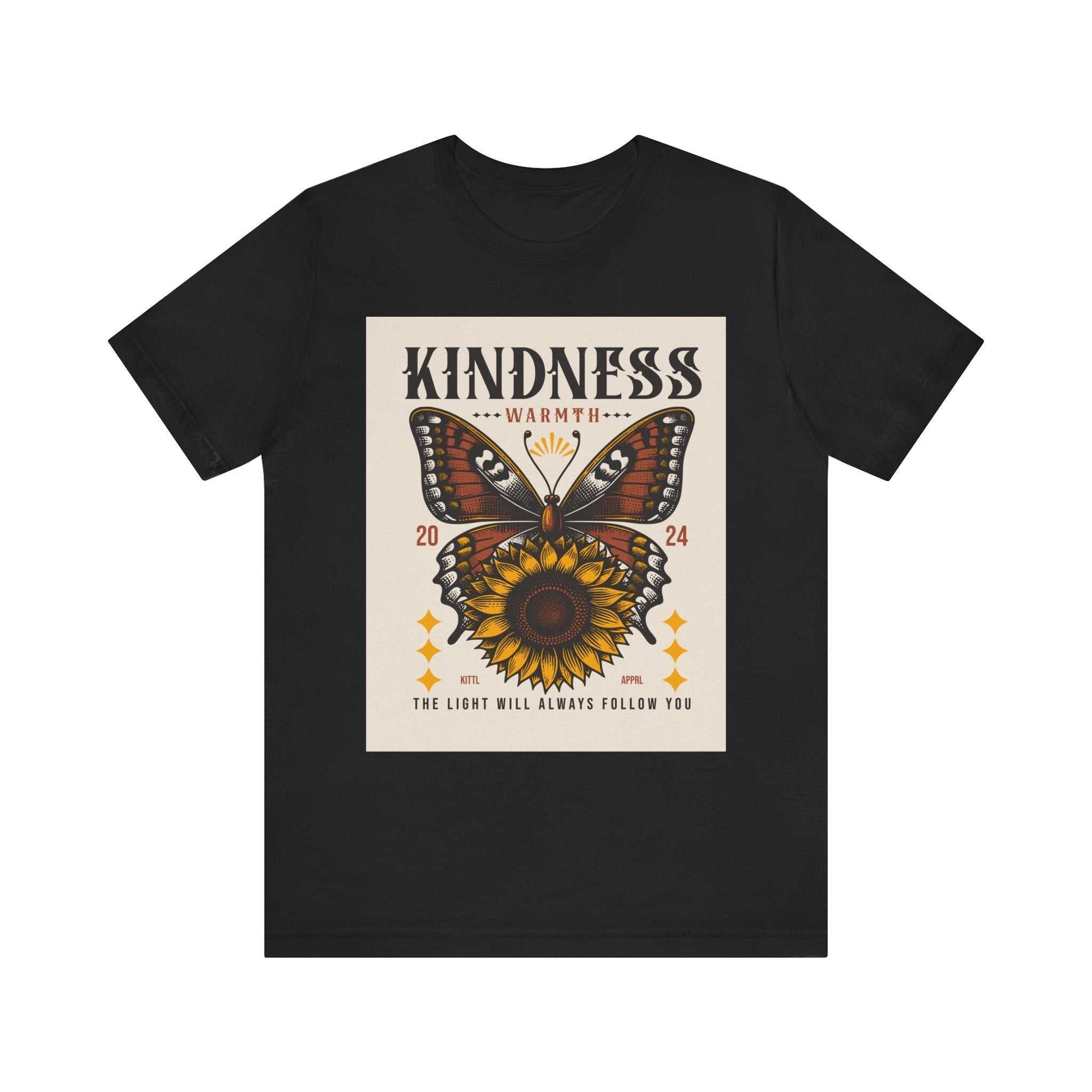 Black unisex Kindness Butterfly Tee with butterfly and sunflower graphic and positive message "The light will always follow you"