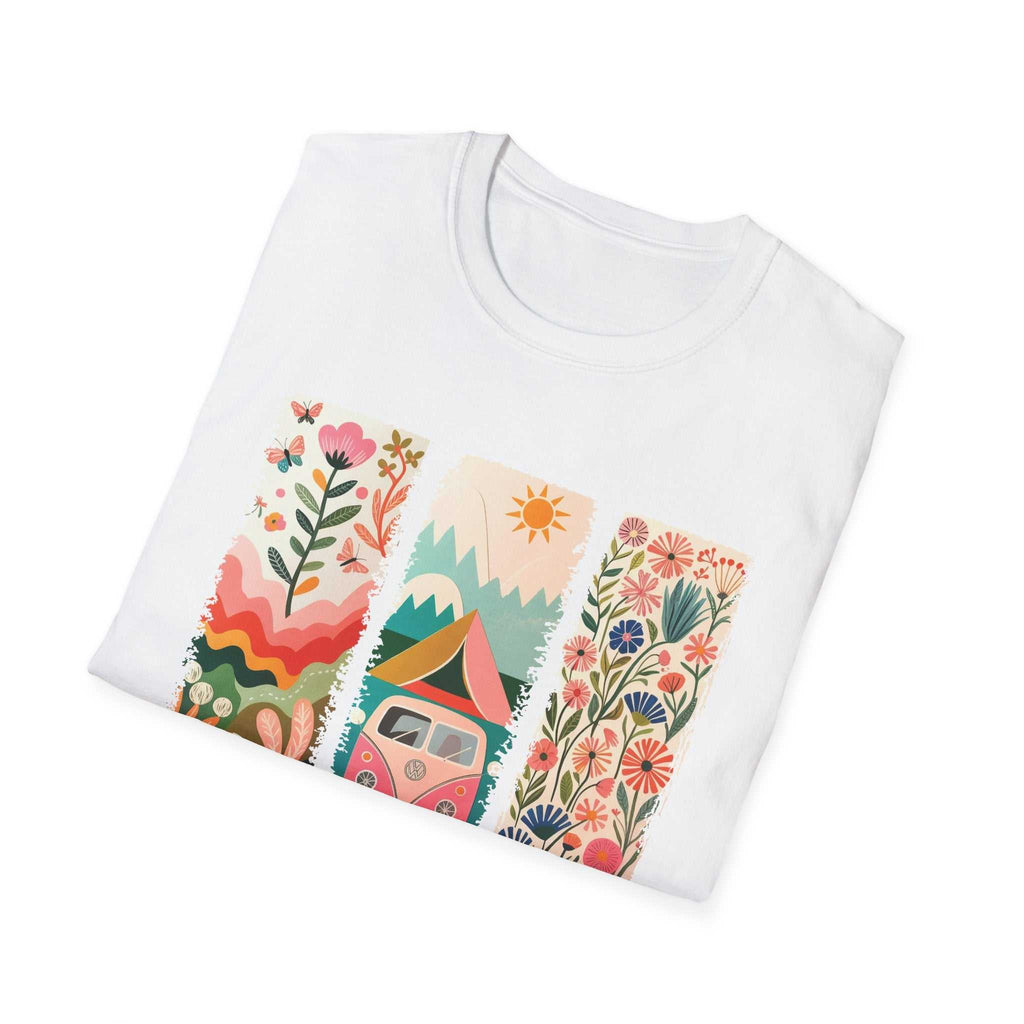 White unisex softstyle t-shirt with colorful camping adventure graphic featuring nature and outdoor elements.