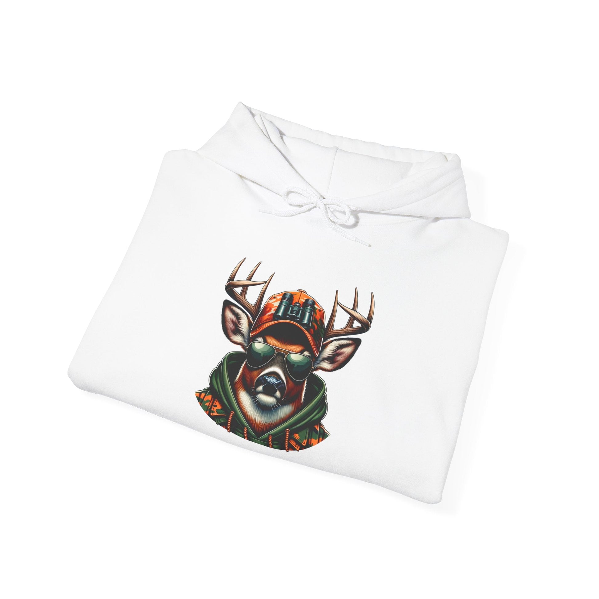 White hooded sweatshirt with bold deer wearing sunglasses and an orange cap design