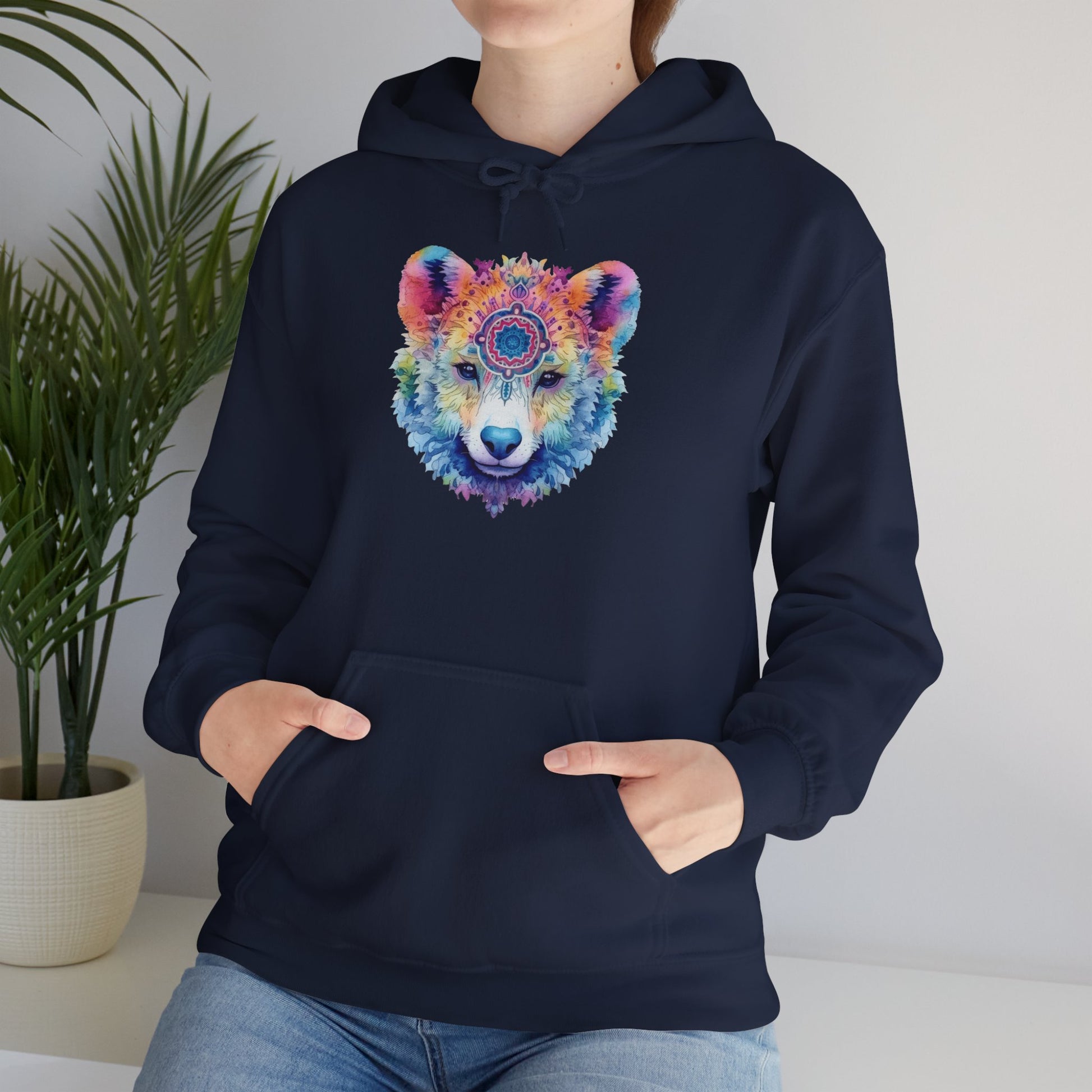 Mandala Bear Hoodie – Vibrant Watercolor Animal Art Sweatshirt for Bold, Free-Spirited Souls