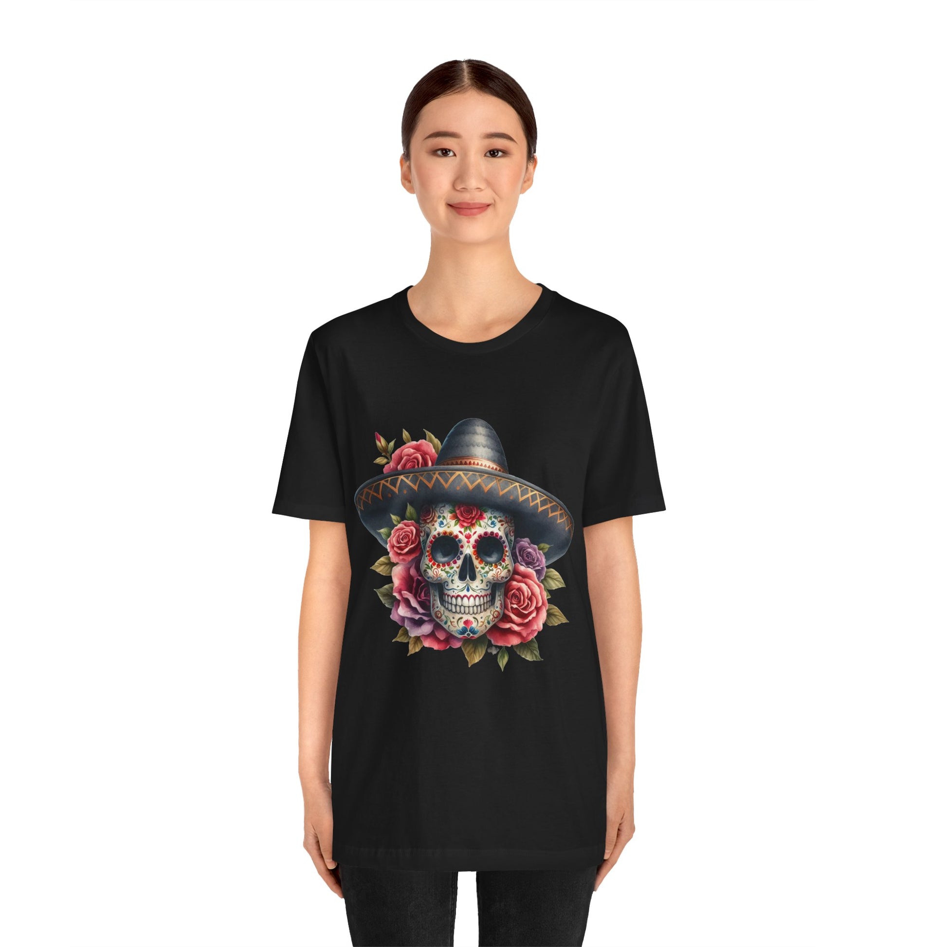 Colorful tee featuring a sugar skull in sombrero and roses for vibrant fiesta vibes