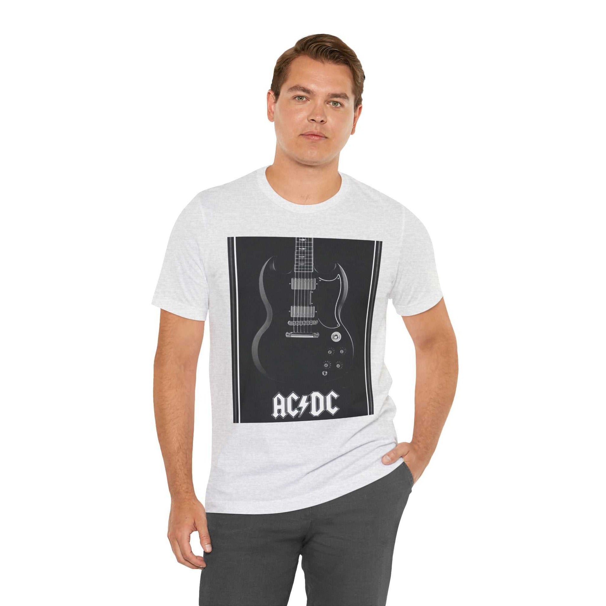 Man wearing white rock guitar graphic tee with AC/DC design on front