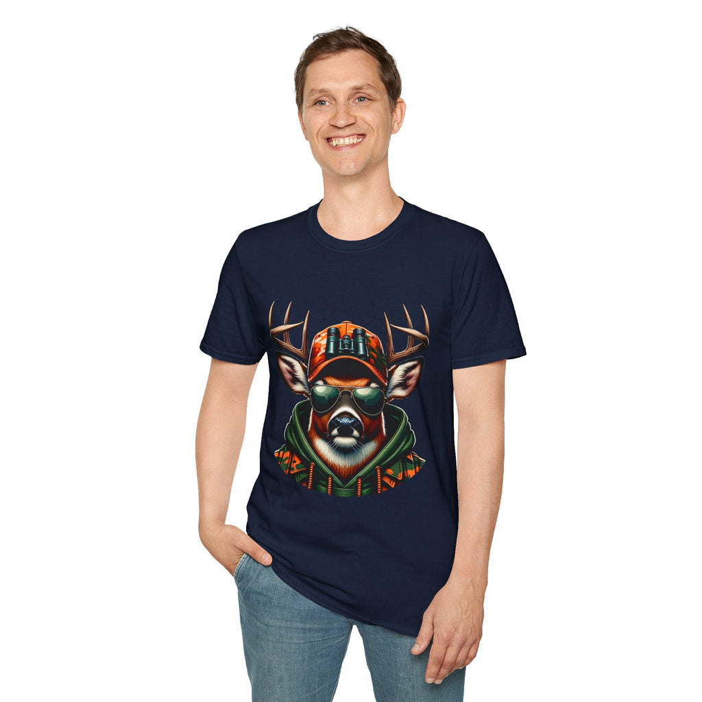 Man wearing navy Hunting Enthast T-Shirt with cool deer graphic in orange cap and sunglasses
