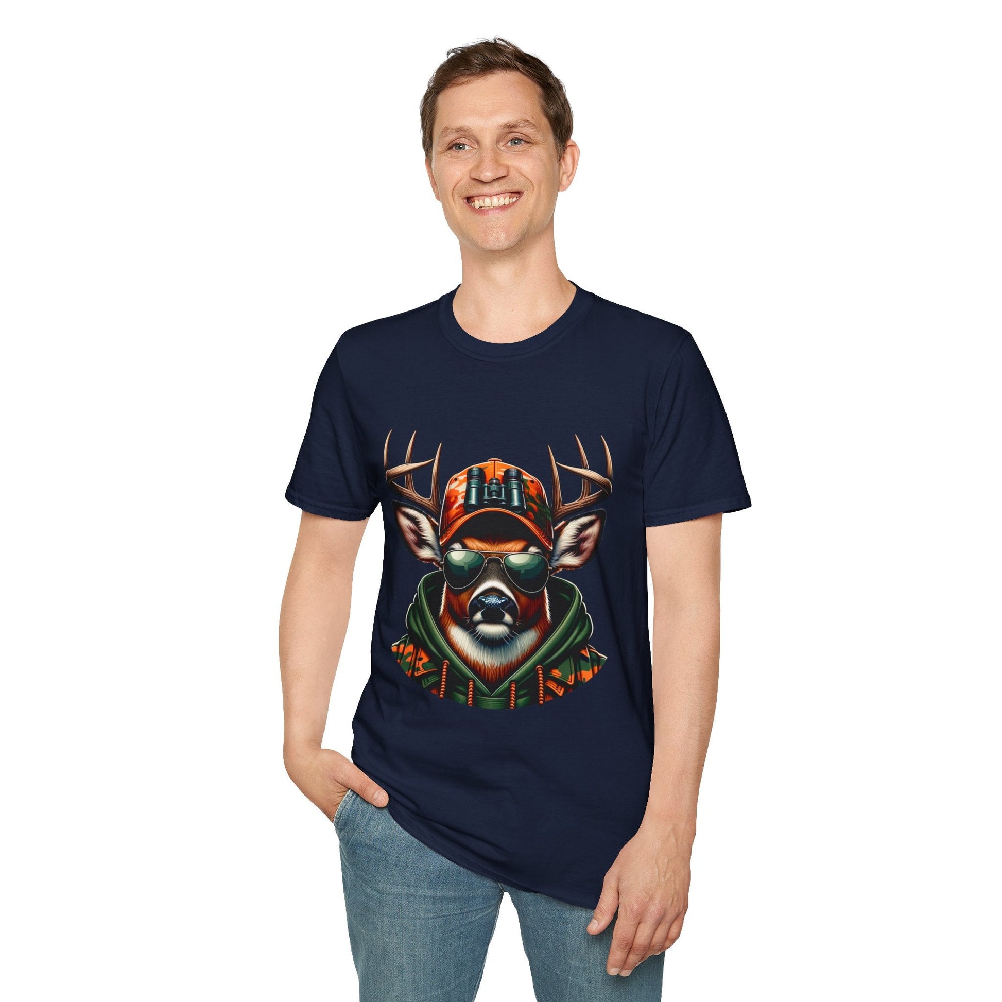 Man wearing navy Hunting Enthast T-Shirt with cool deer graphic in orange cap and sunglasses