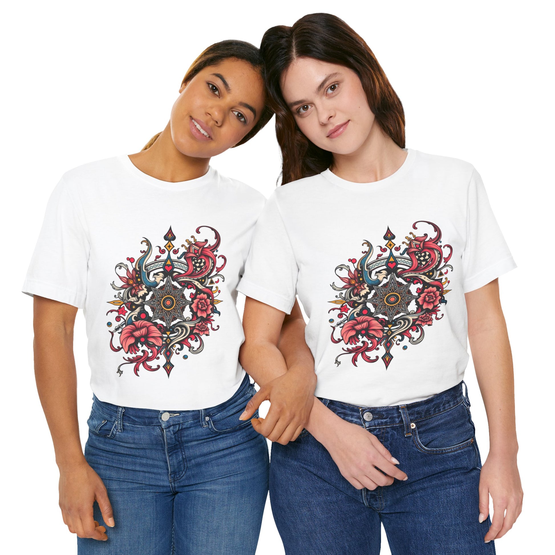 Vibrant tee with ornate red floral mandala design, offered in multiple bold color options