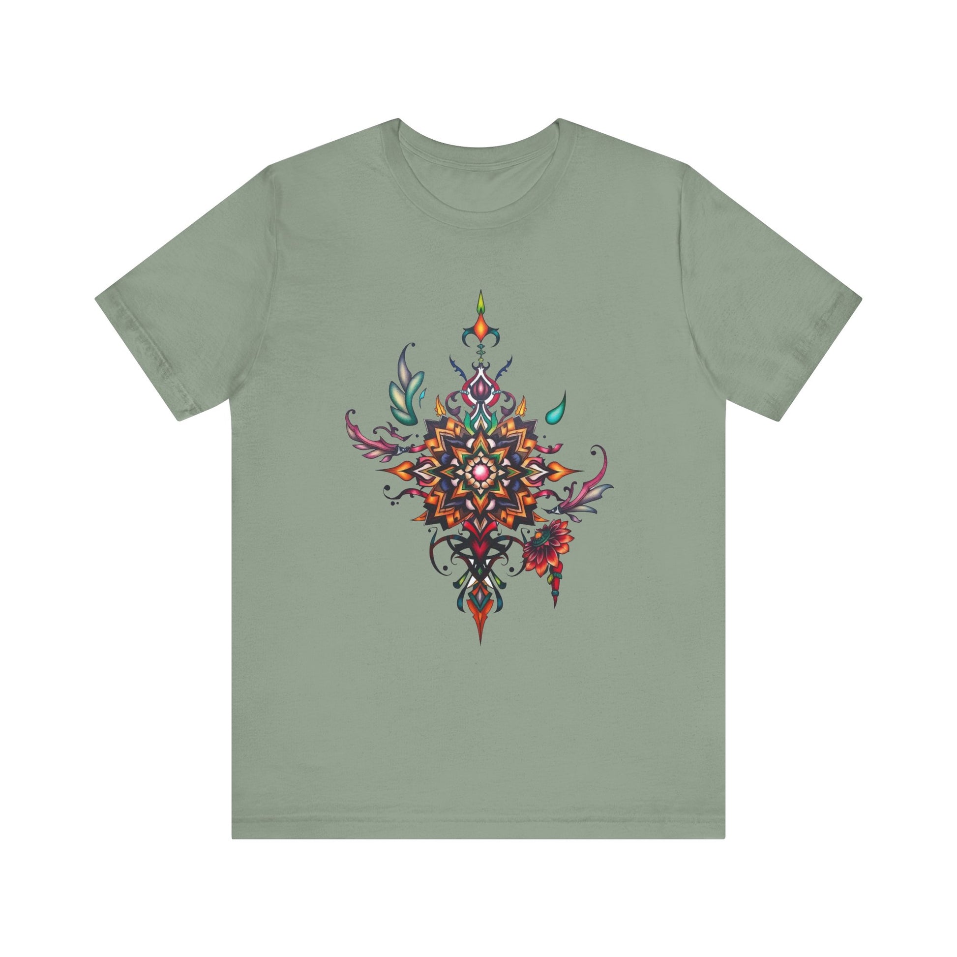 Colorful tee with an ornate mandala and floral design, available in vibrant color options