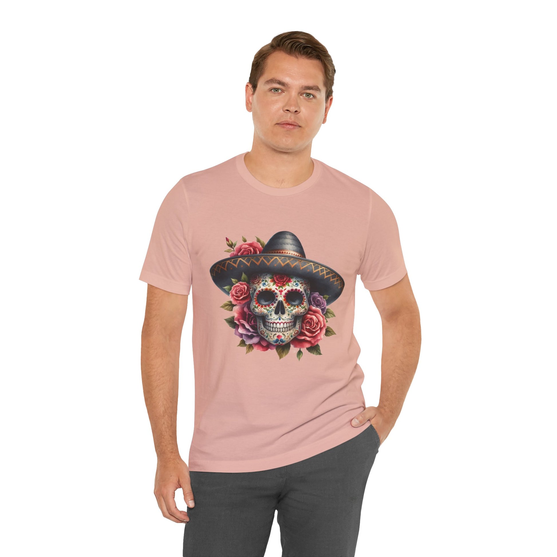 Colorful tee featuring a sugar skull in sombrero and roses for vibrant fiesta vibes