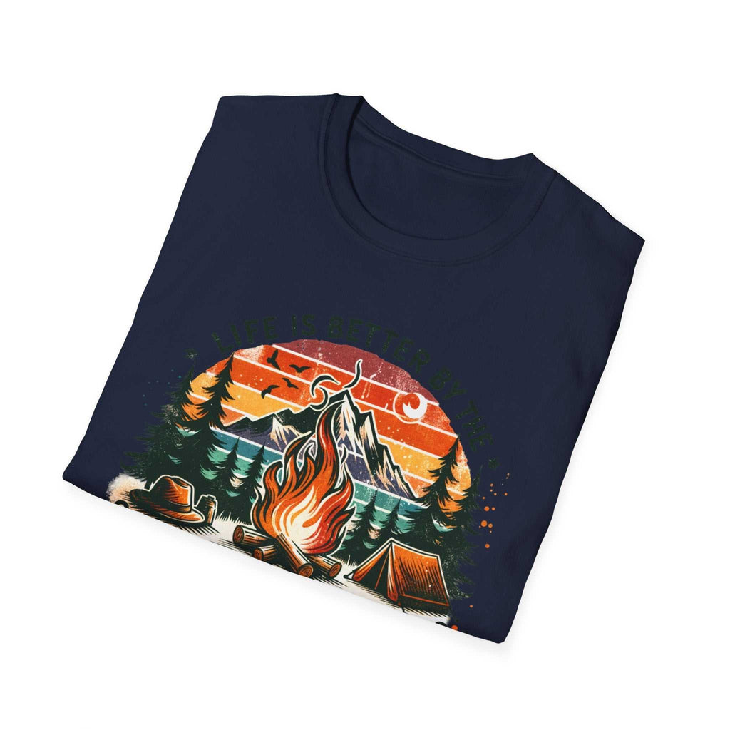 Camping Adventure Unisex T-Shirt with vibrant campfire and mountain design on navy blue fabric