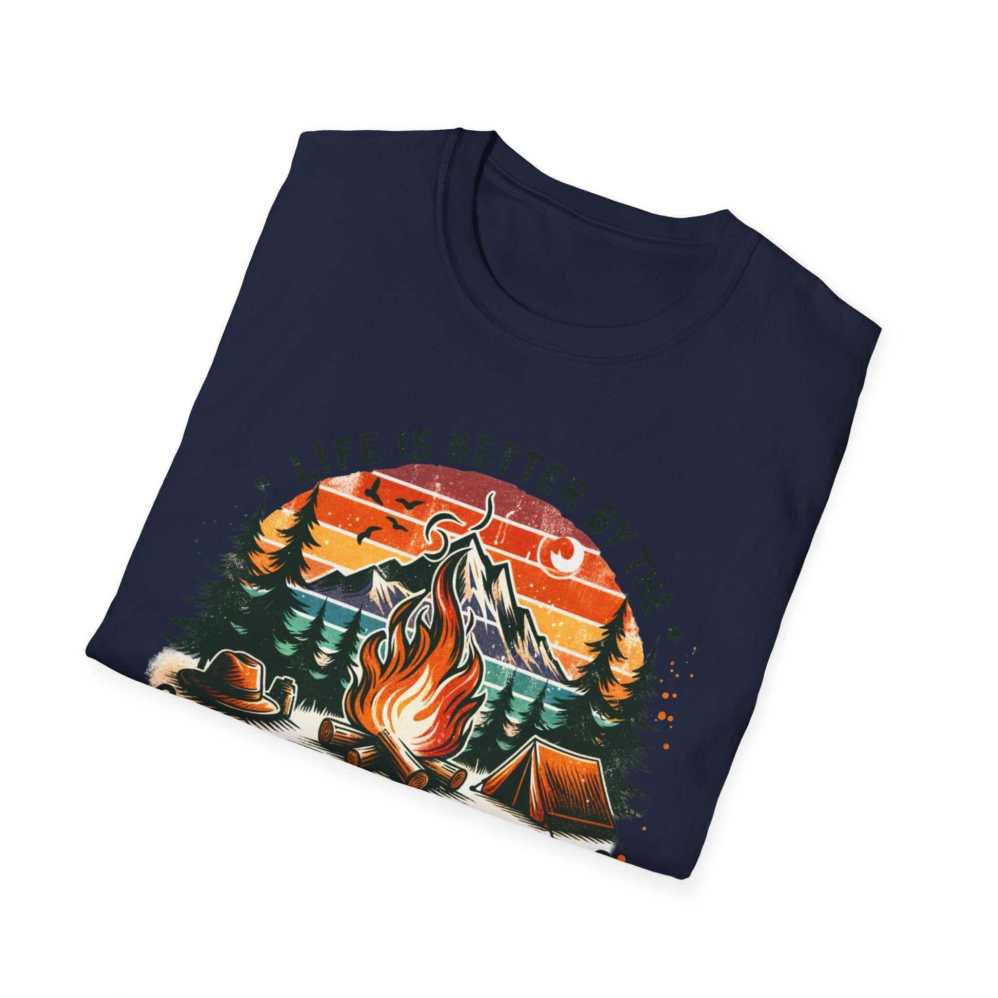 Camping Adventure Unisex T-Shirt with vibrant campfire and mountain design on navy blue fabric
