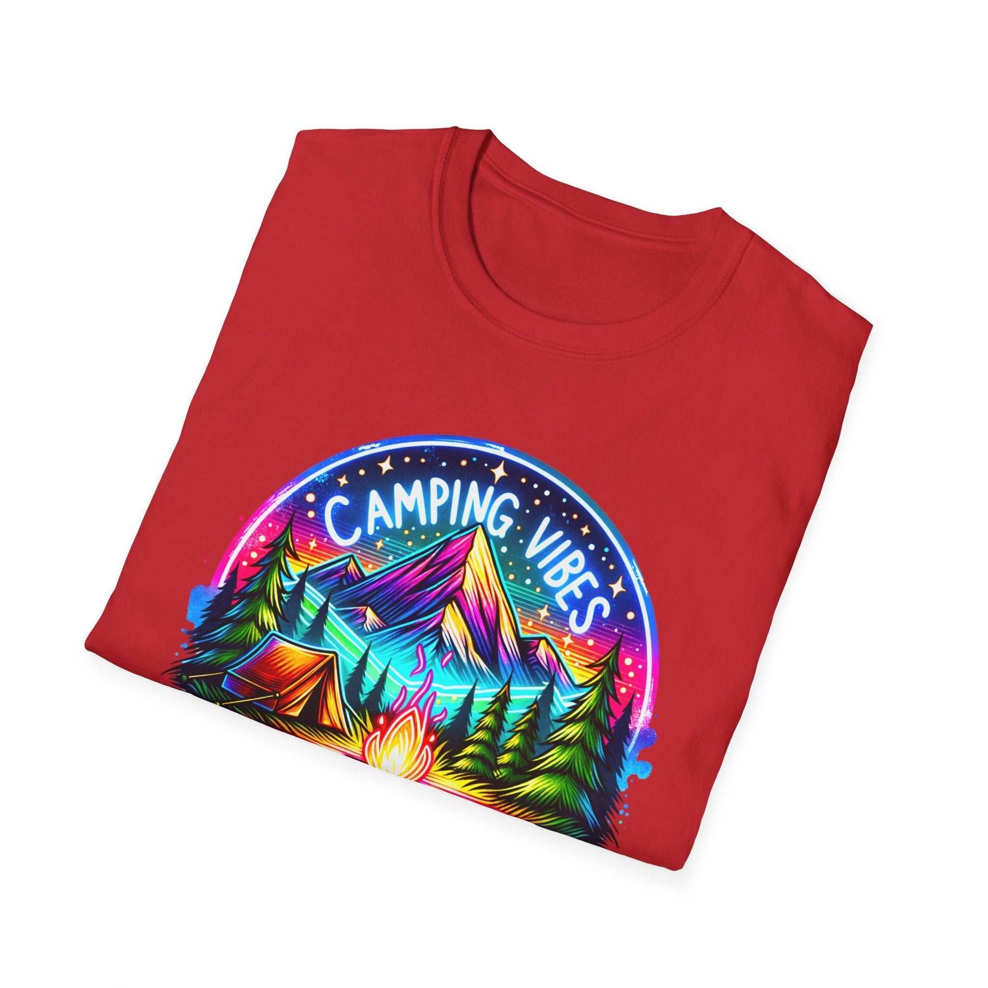 Red unisex softstyle t-shirt with colorful camping vibes graphic featuring mountains, trees, tent, and campfire.