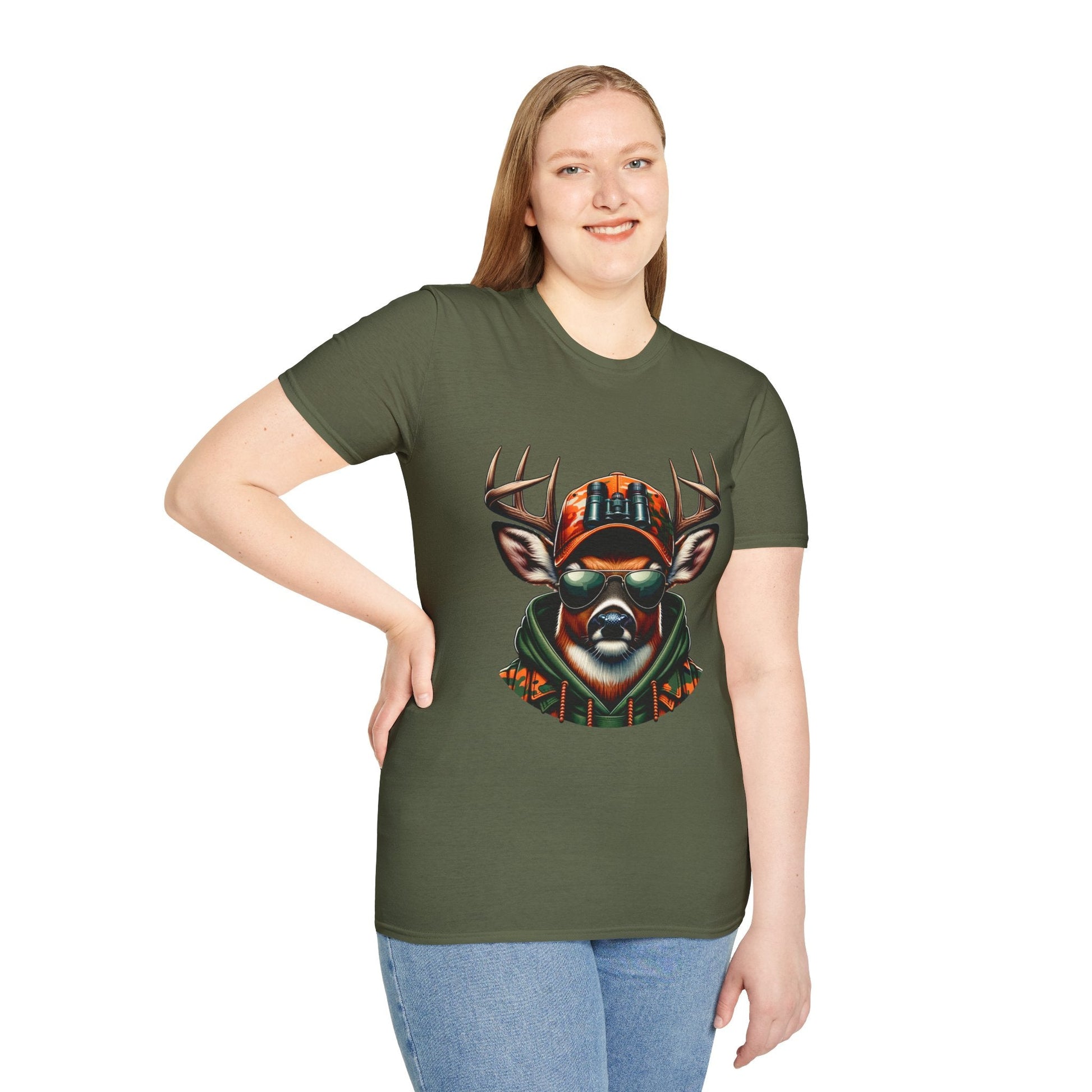 Woman wearing a green Hunting Enthusiast T-Shirt with a cool deer graphic in sunglasses and camo hat.