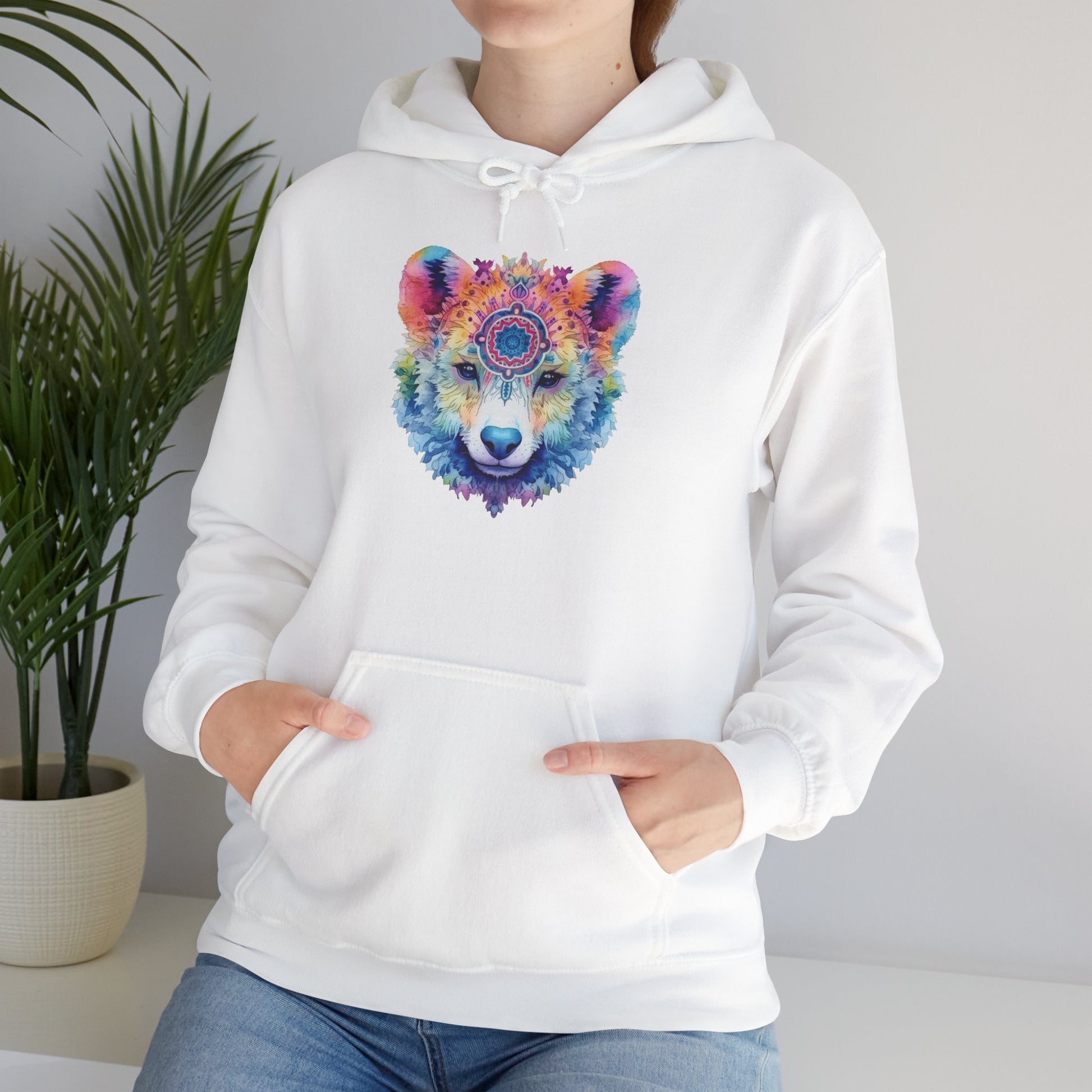 Mandala Bear Hoodie – Vibrant Watercolor Animal Art Sweatshirt for Bold, Free-Spirited Souls