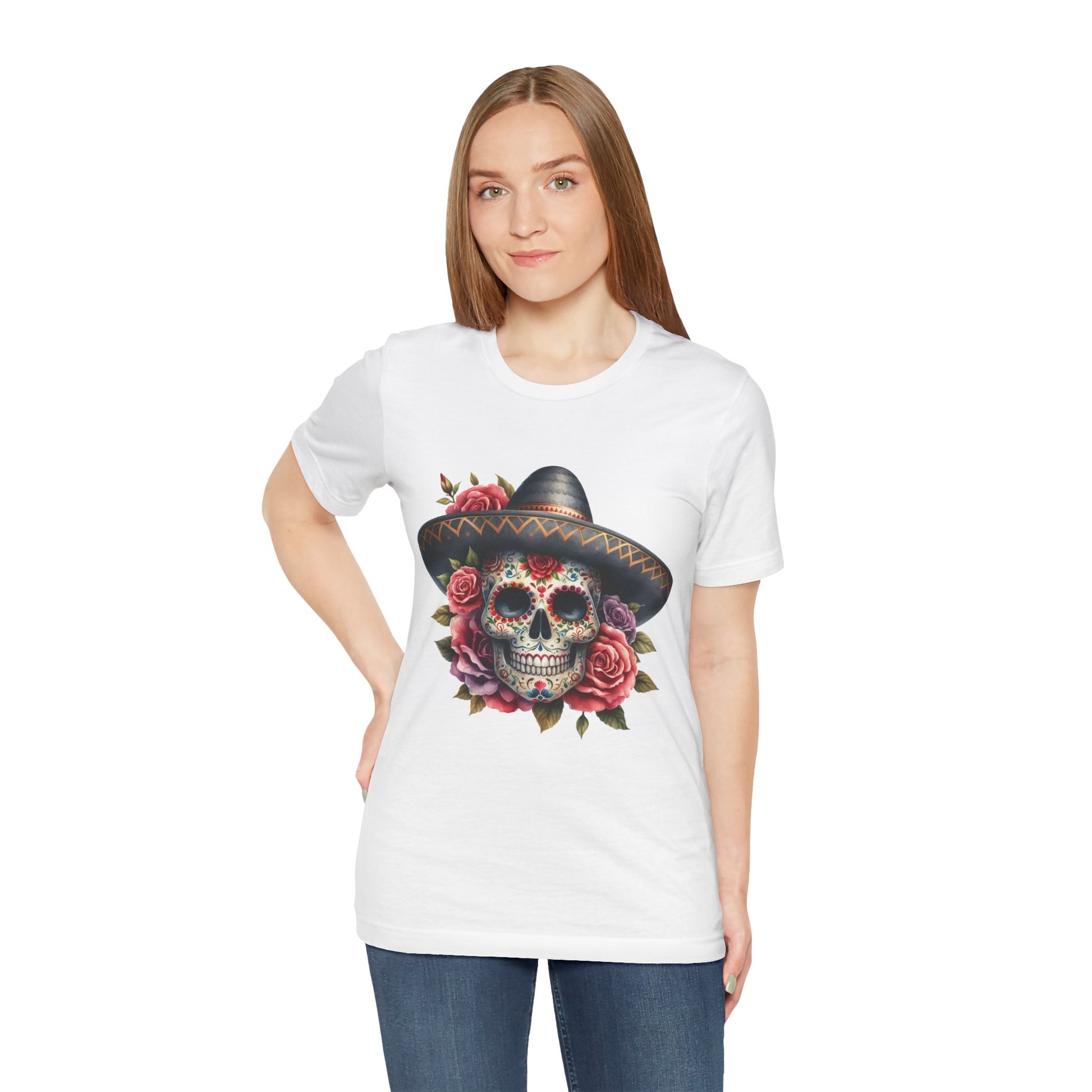 Colorful tee featuring a sugar skull in sombrero and roses for vibrant fiesta vibes