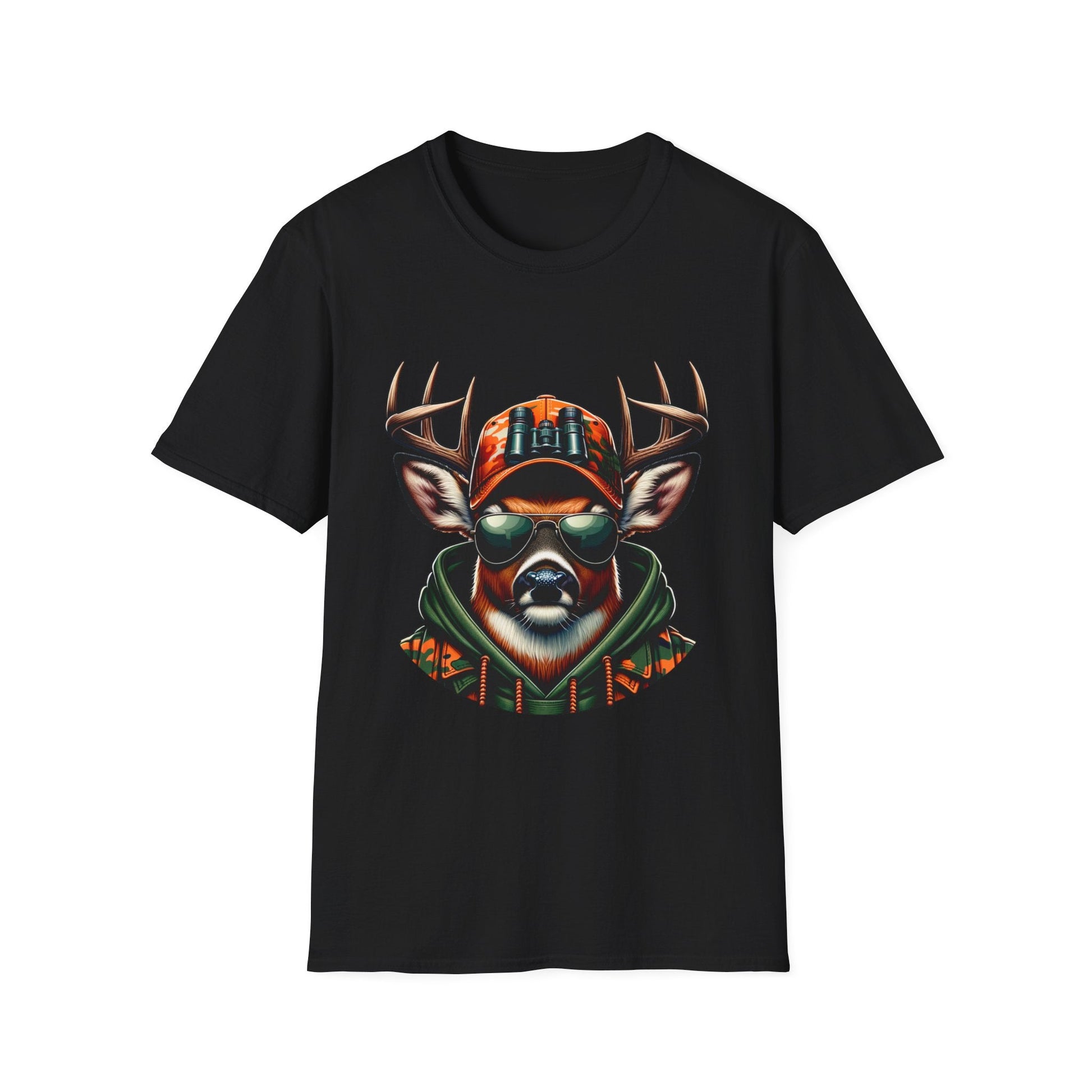 Black Hunting Enthusiast T-Shirt featuring a stylish deer wearing sunglasses, a camo hat, and a green hoodie.
