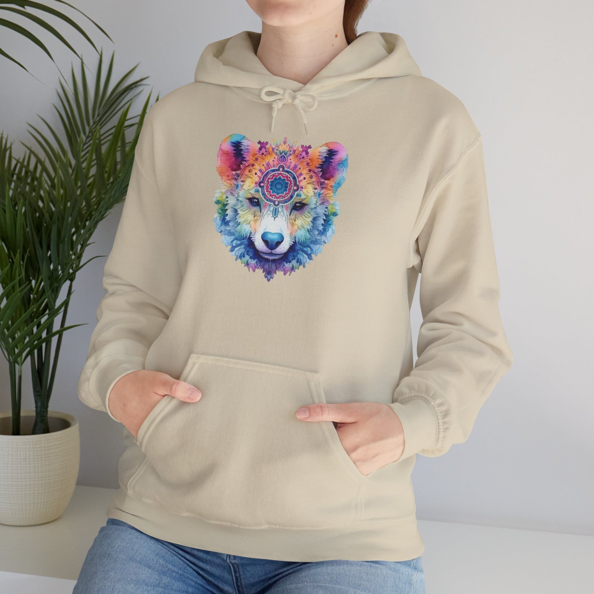 Mandala Bear Hoodie – Vibrant Watercolor Animal Art Sweatshirt for Bold, Free-Spirited Souls