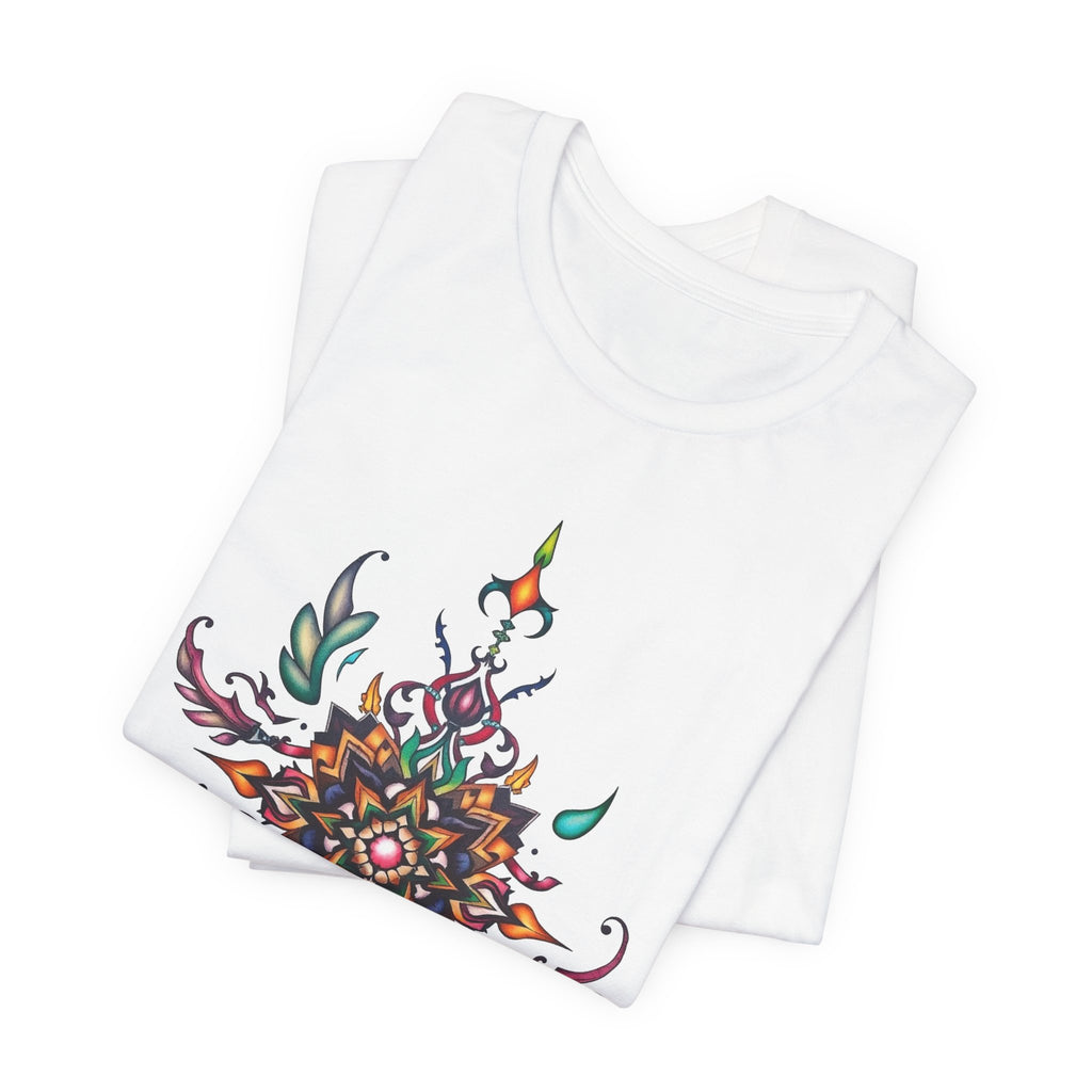 Colorful tee with an ornate mandala and floral design, available in vibrant color options
