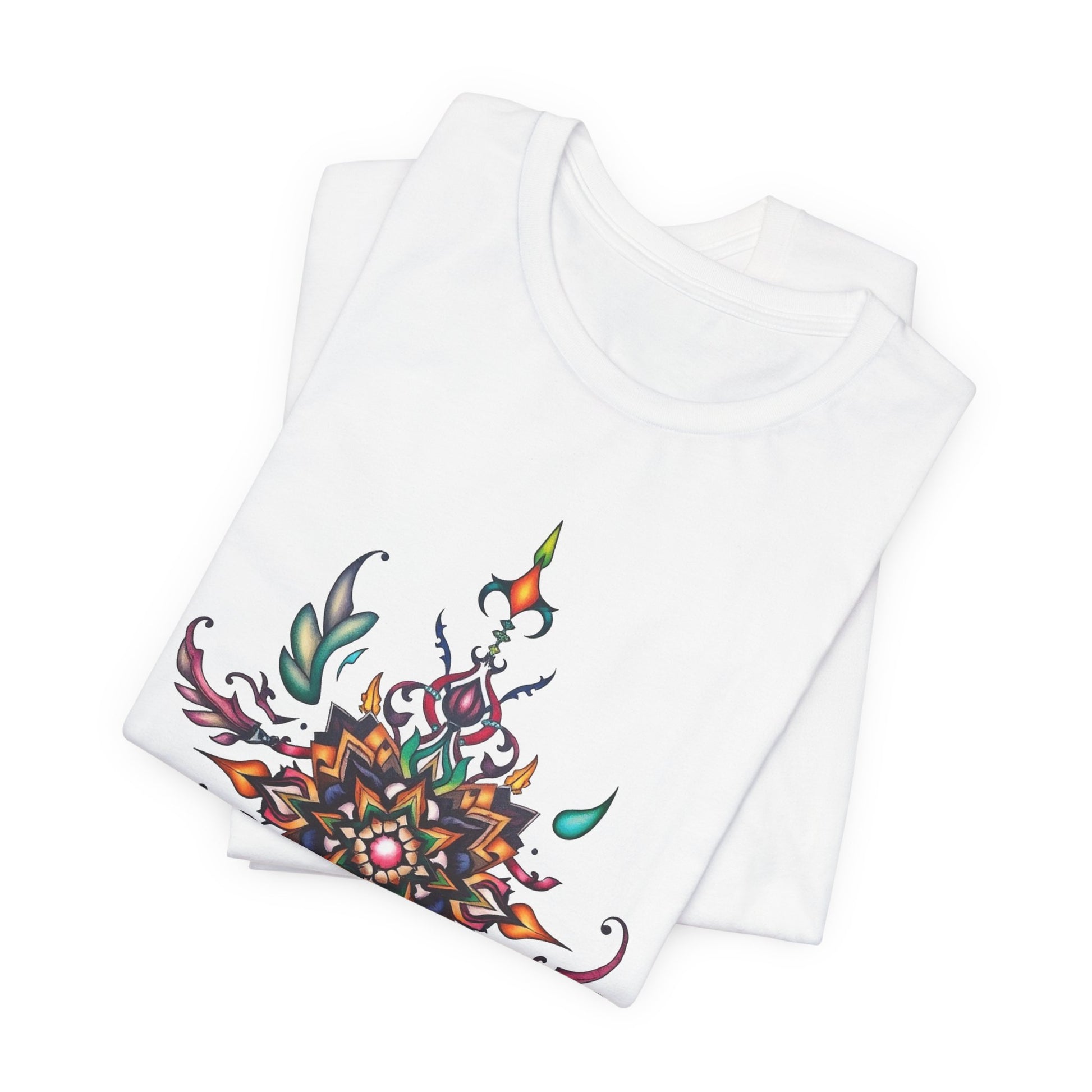 Colorful tee with an ornate mandala and floral design, available in vibrant color options